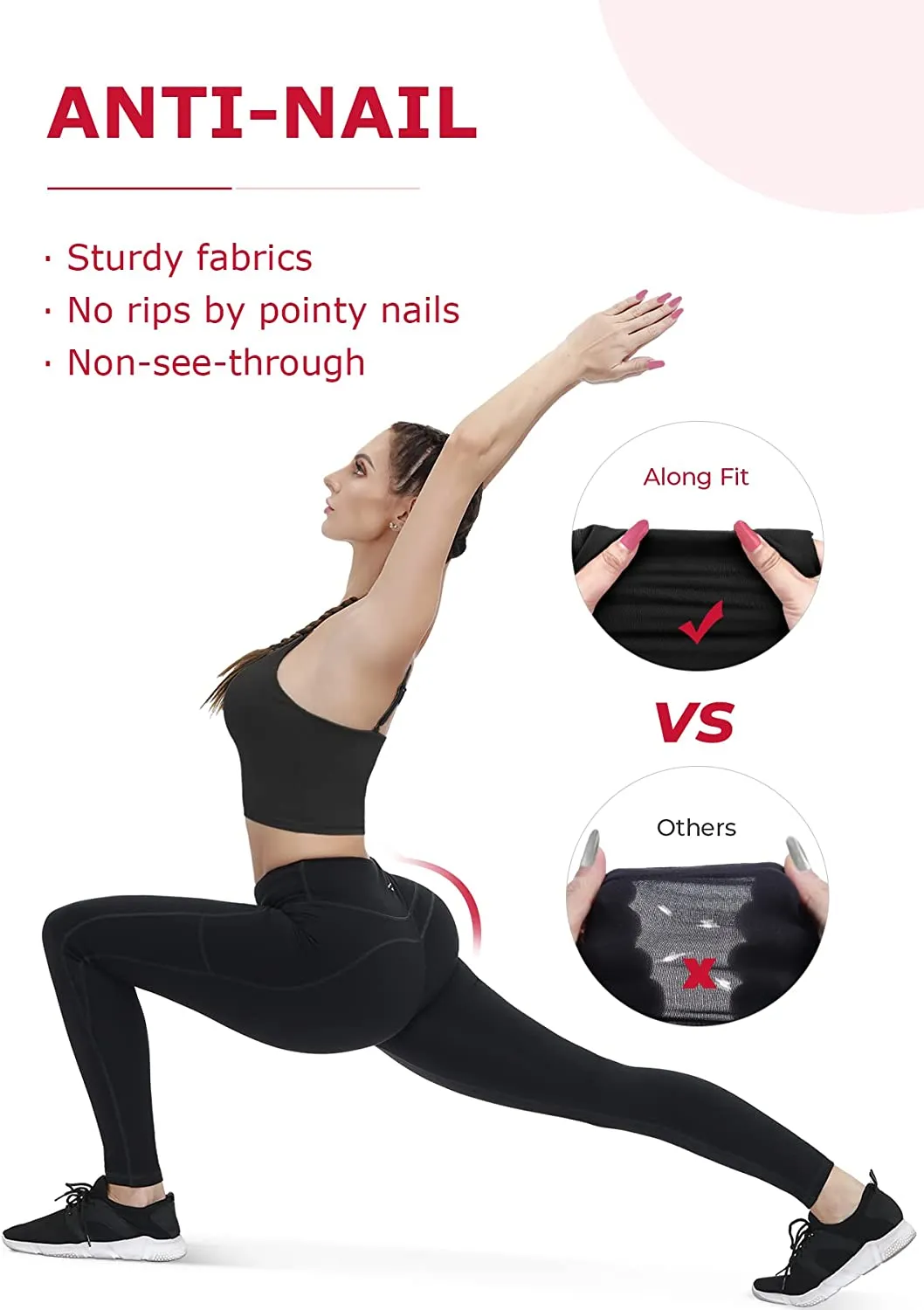 New ALONG FIT High Waisted Leggings for Women, Anti-Nail Yoga Pants with Phone Pockets, Buttery Soft Full-Length Tights, Black, Sz M