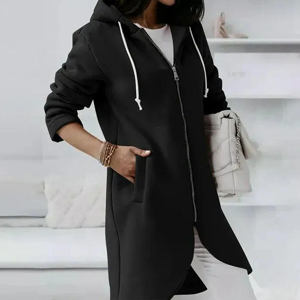 New EGNMCR Womens Shacket Jacket, Zip Down Fleece Hooded Women's Solid Color Hoodie Zipper Long Sleeve Sweatshirts Pockets Irregular Hem Long Sweater Black, Sz L