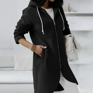 New EGNMCR Womens Shacket Jacket, Zip Down Fleece Hooded Women's Solid Color Hoodie Zipper Long Sleeve Sweatshirts Pockets Irregular Hem Long Sweater Black, Sz L