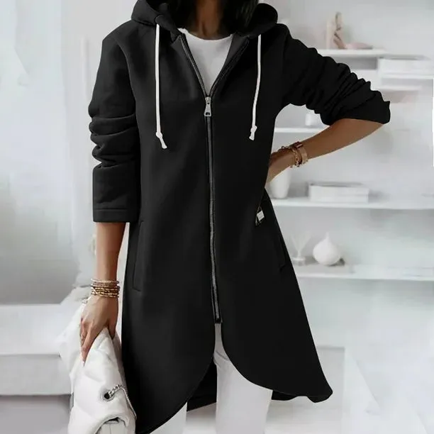 New EGNMCR Womens Shacket Jacket, Zip Down Fleece Hooded Women's Solid Color Hoodie Zipper Long Sleeve Sweatshirts Pockets Irregular Hem Long Sweater Black, Sz L
