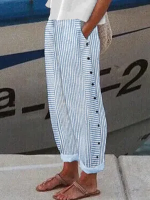 New Women's H-Line Straight Pants Daily Going Out Pants Casual Buttoned Cotton Striped All Season Pants Blue Sz XL Retail $50 