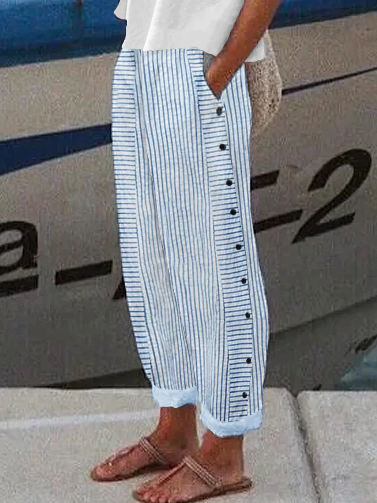 New Women's H-Line Straight Pants Daily Going Out Pants Casual Buttoned Cotton Striped All Season Pants Blue Sz XL Retail $50 