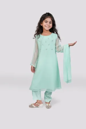 Oceanic Elegance - Aqua Round Neck Dress 3-piece stitched