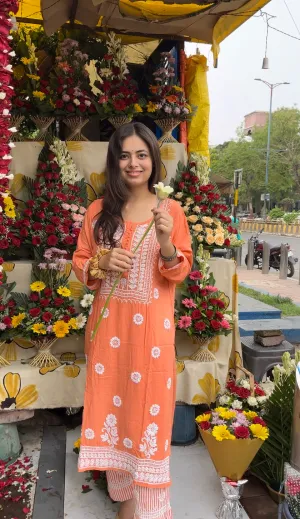 Peach Orange Chikankari Kurti In Rayon With Cotton Stripes Pant