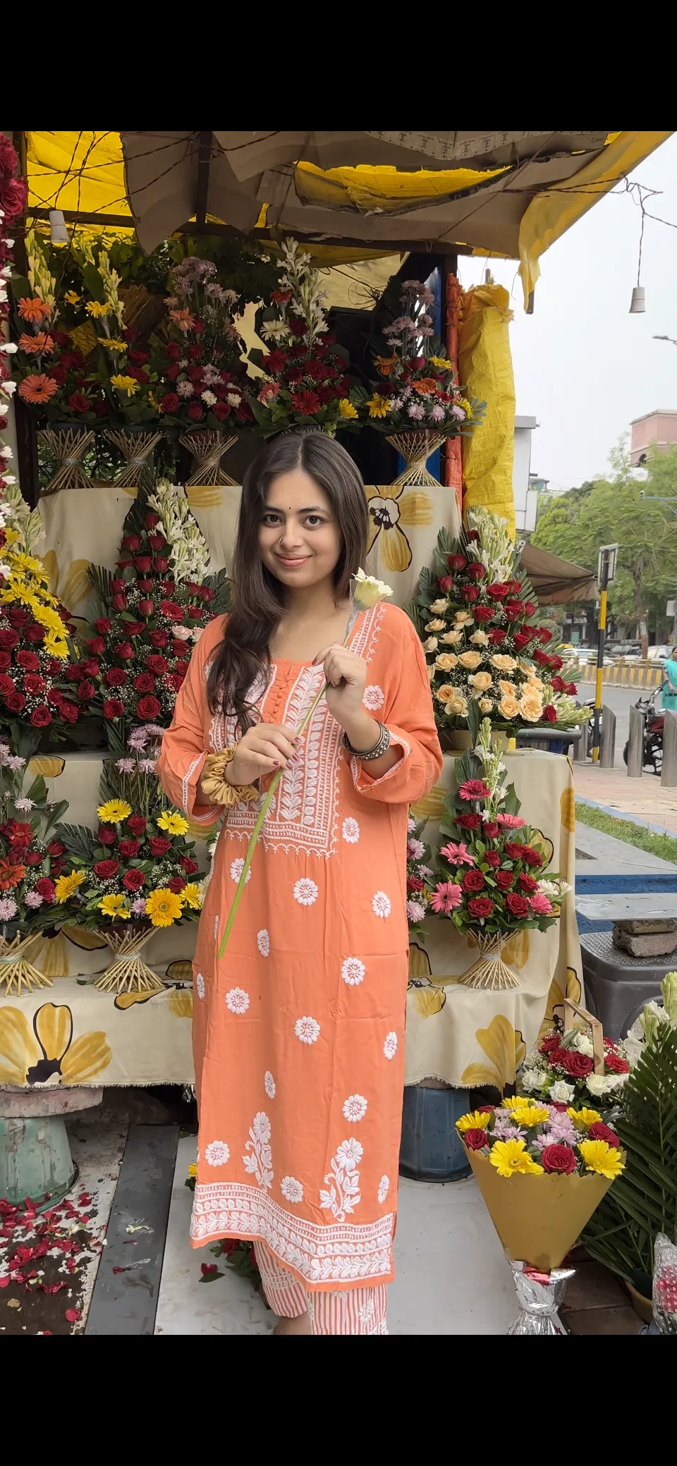 Peach Orange Chikankari Kurti In Rayon With Cotton Stripes Pant