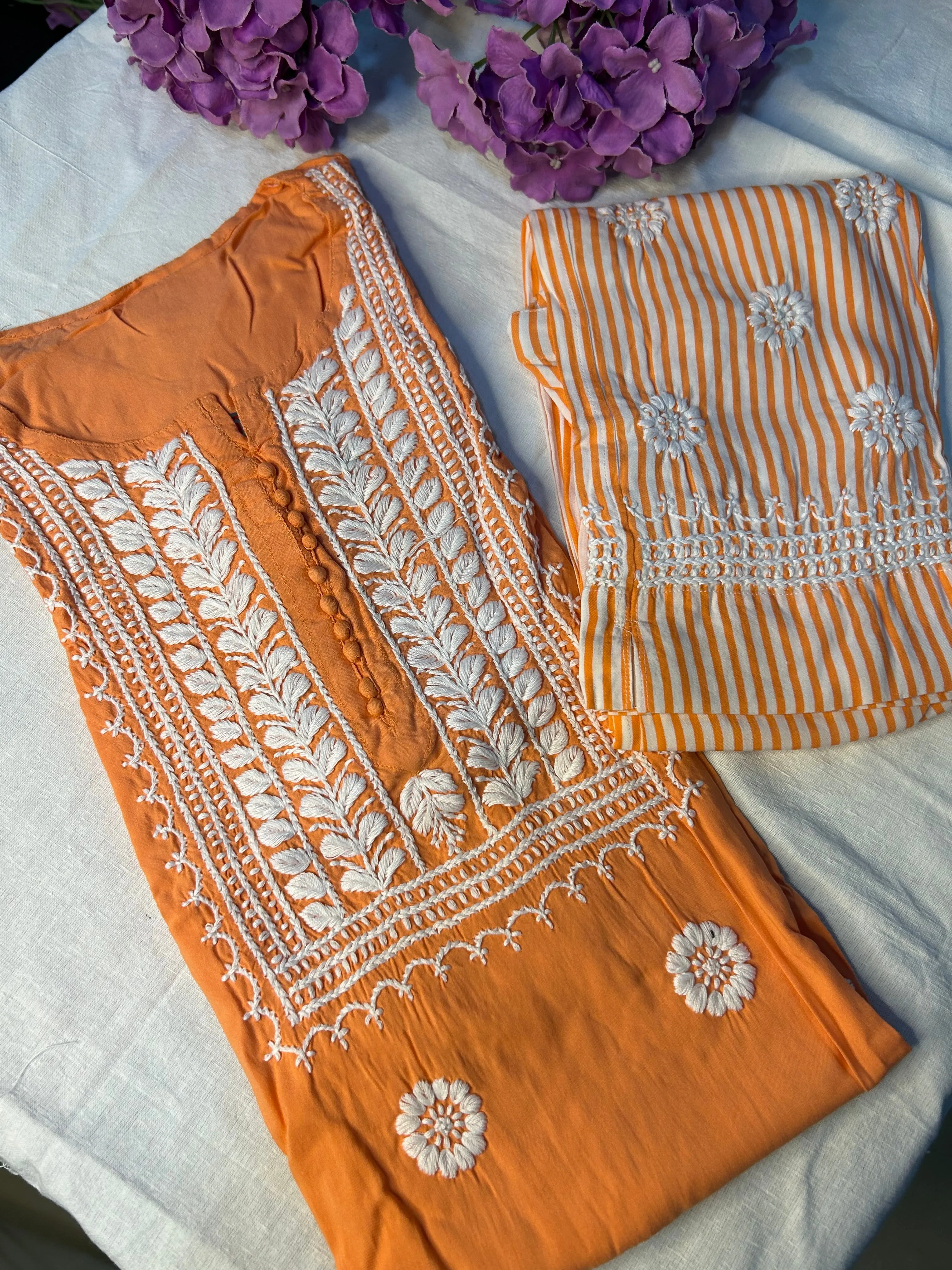 Peach Orange Chikankari Kurti In Rayon With Cotton Stripes Pant