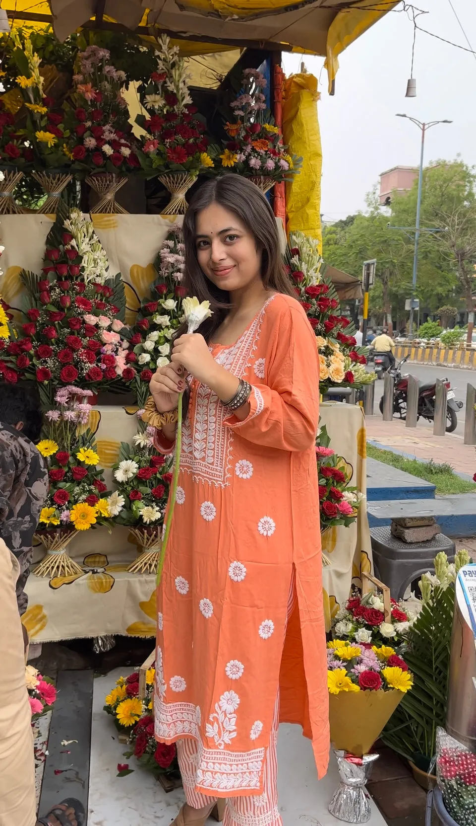 Peach Orange Chikankari Kurti In Rayon With Cotton Stripes Pant
