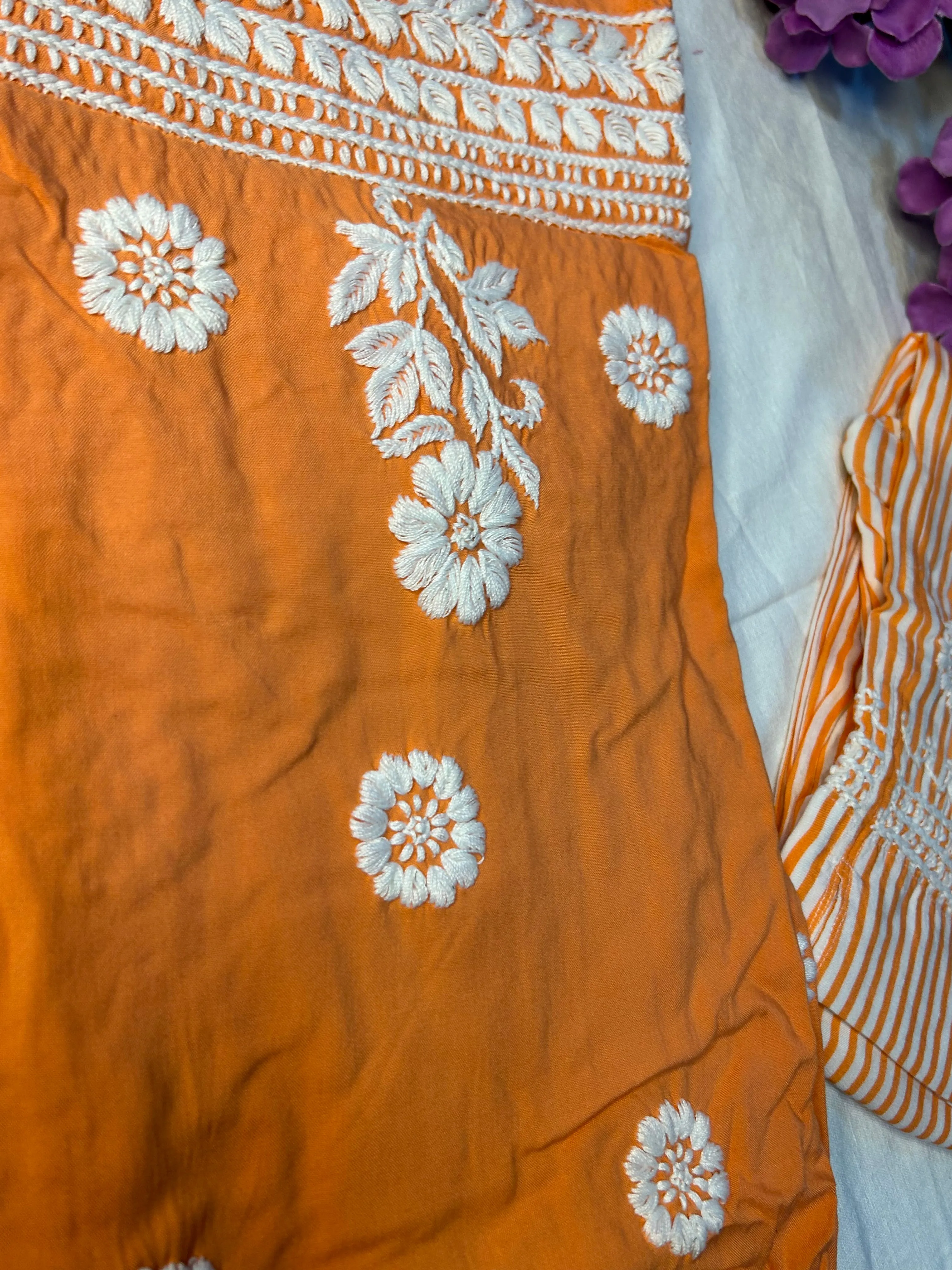 Peach Orange Chikankari Kurti In Rayon With Cotton Stripes Pant