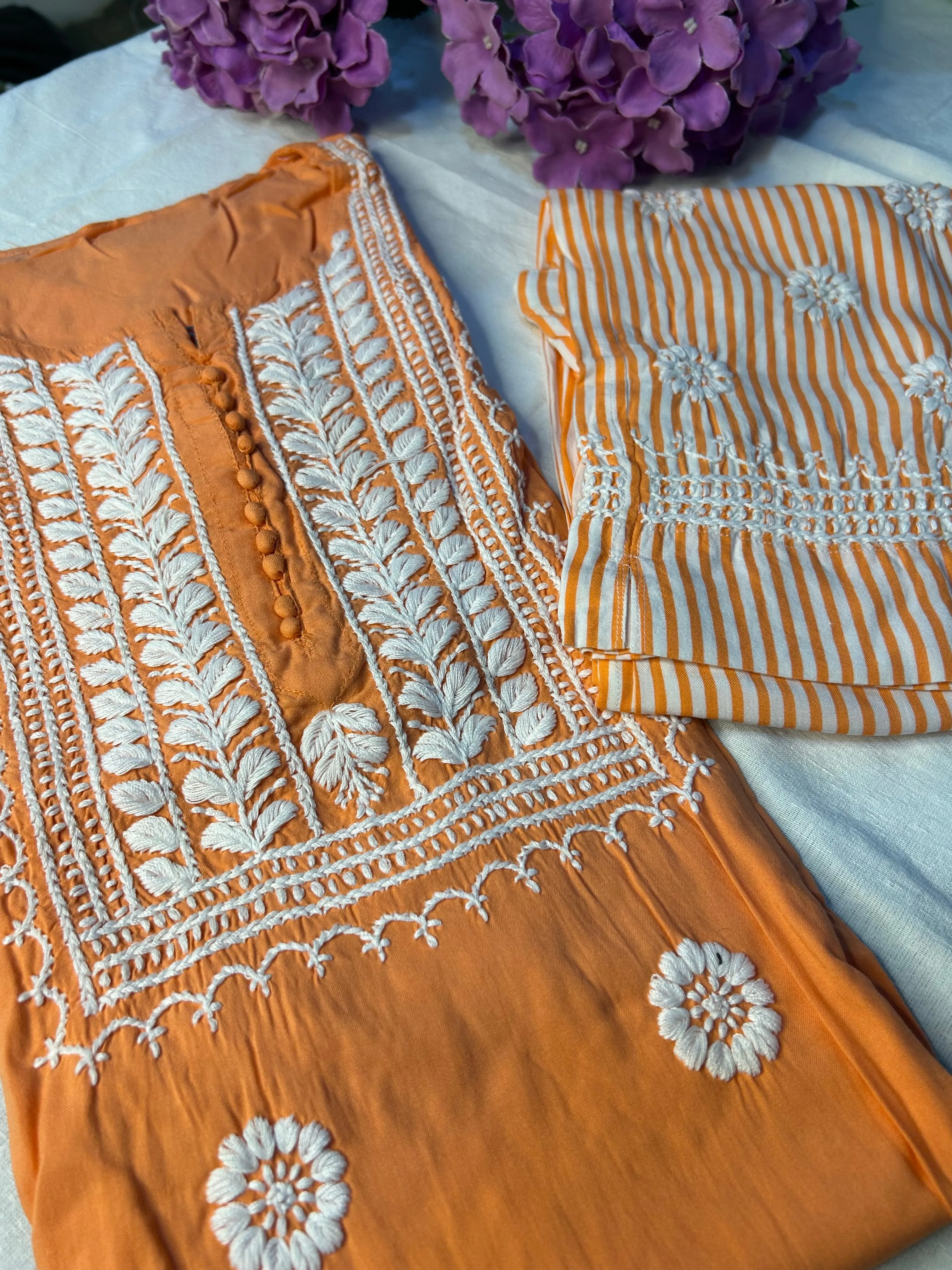 Peach Orange Chikankari Kurti In Rayon With Cotton Stripes Pant