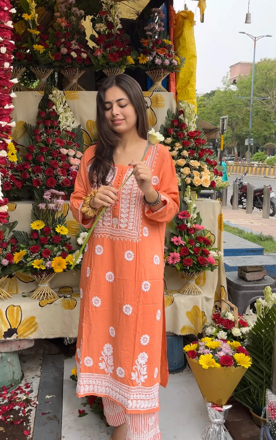 Peach Orange Chikankari Kurti In Rayon With Cotton Stripes Pant