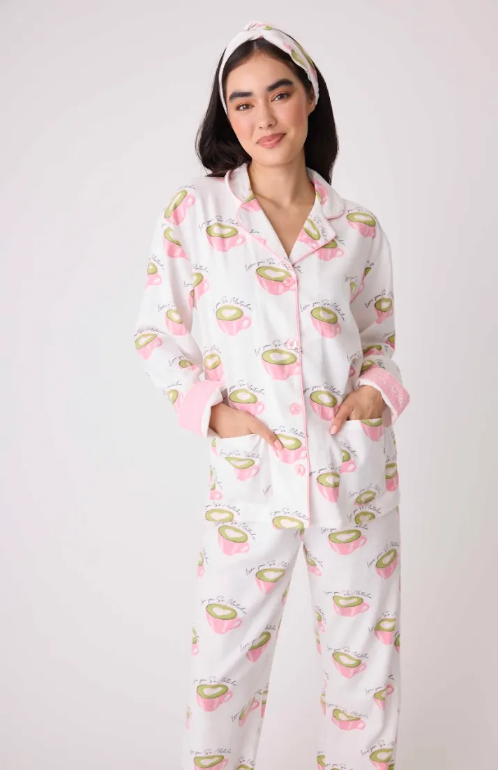 PJ Salvage Flannel Pyjamas Matcha Tea White Linen