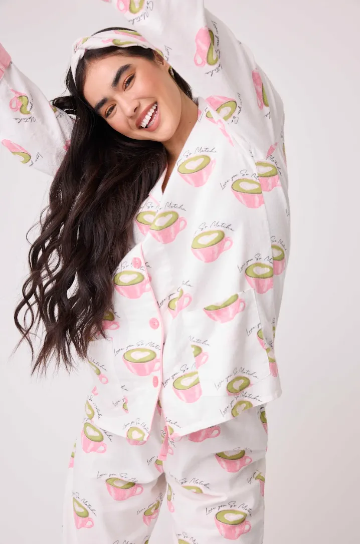 PJ Salvage Flannel Pyjamas Matcha Tea White Linen