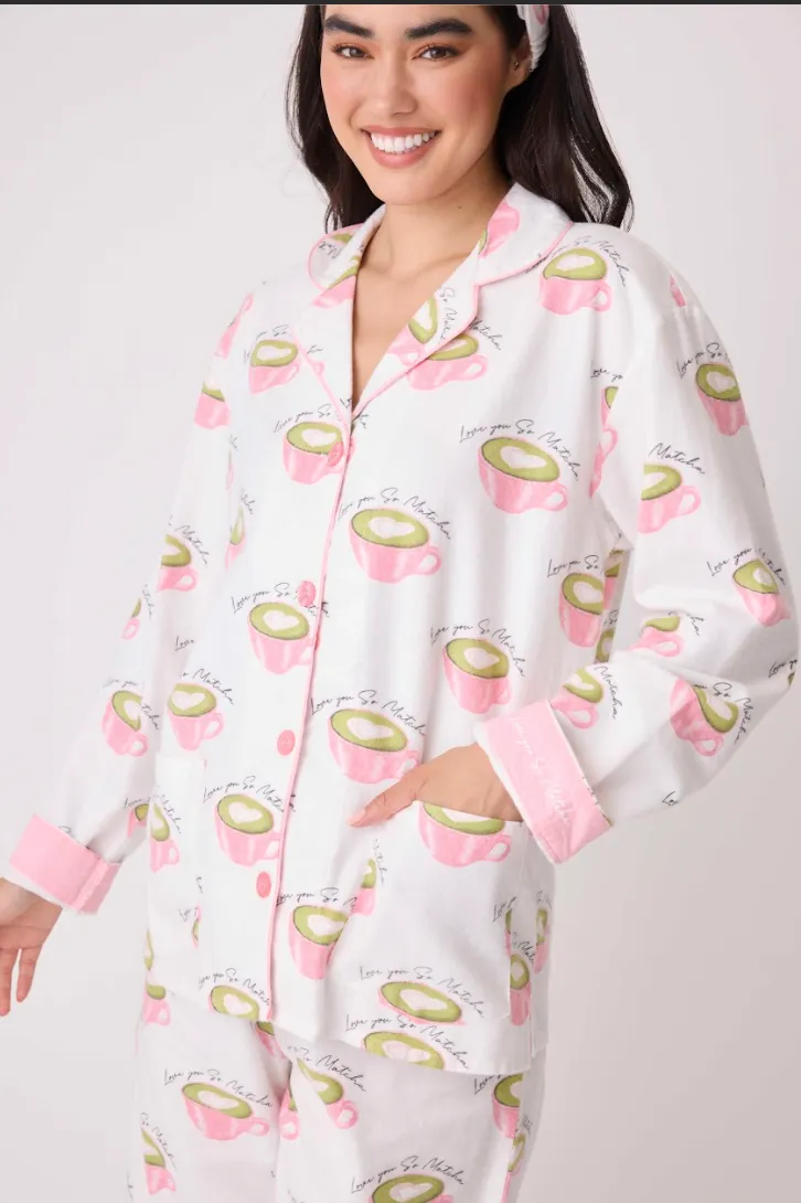 PJ Salvage Flannel Pyjamas Matcha Tea White Linen