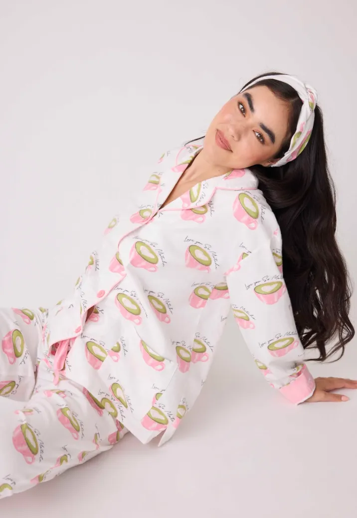 PJ Salvage Flannel Pyjamas Matcha Tea White Linen