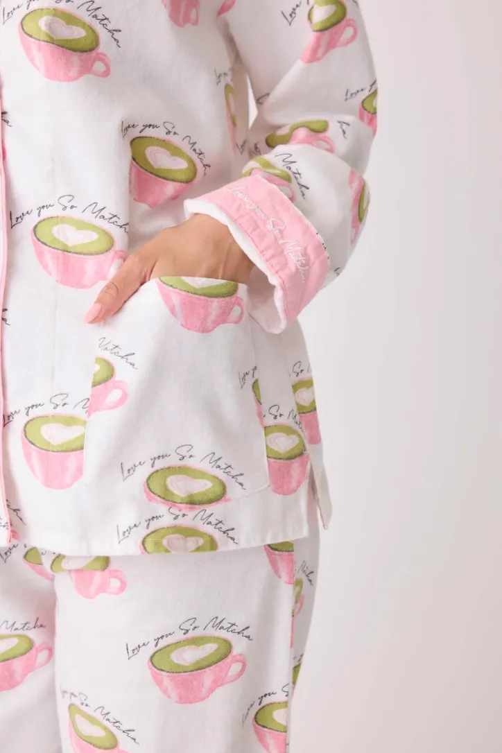 PJ Salvage Flannel Pyjamas Matcha Tea White Linen