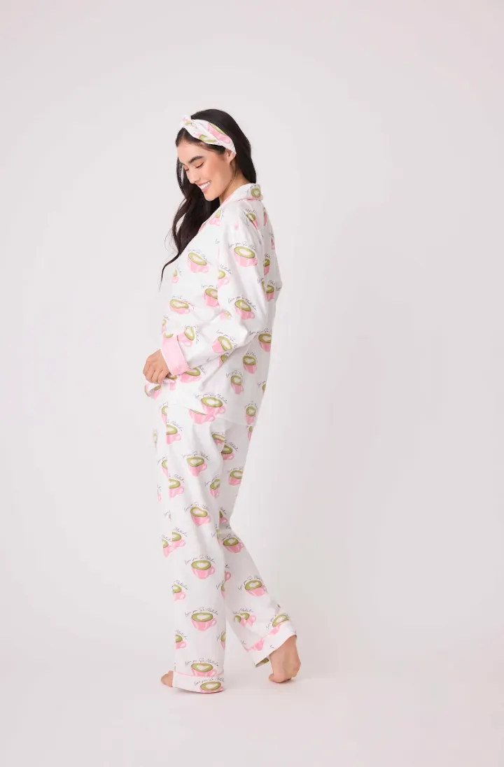 PJ Salvage Flannel Pyjamas Matcha Tea White Linen