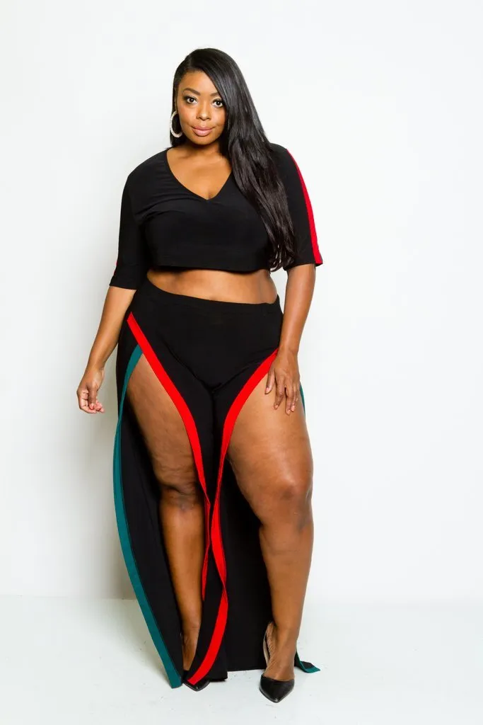 Plus Size Crop Top and Double Slit Pants Set