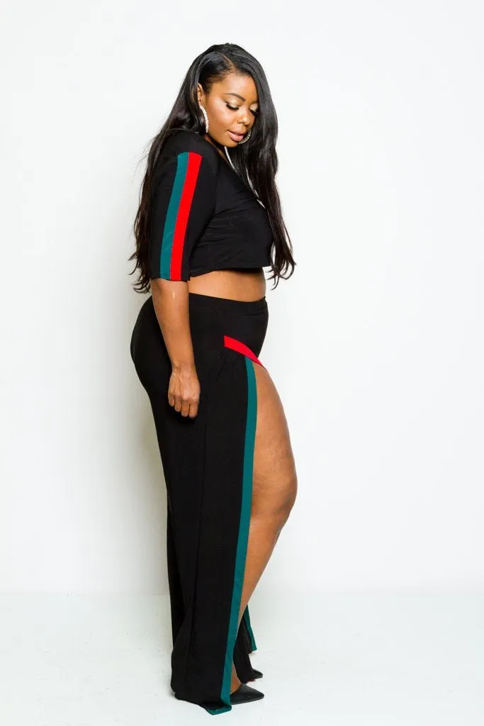 Plus Size Crop Top and Double Slit Pants Set