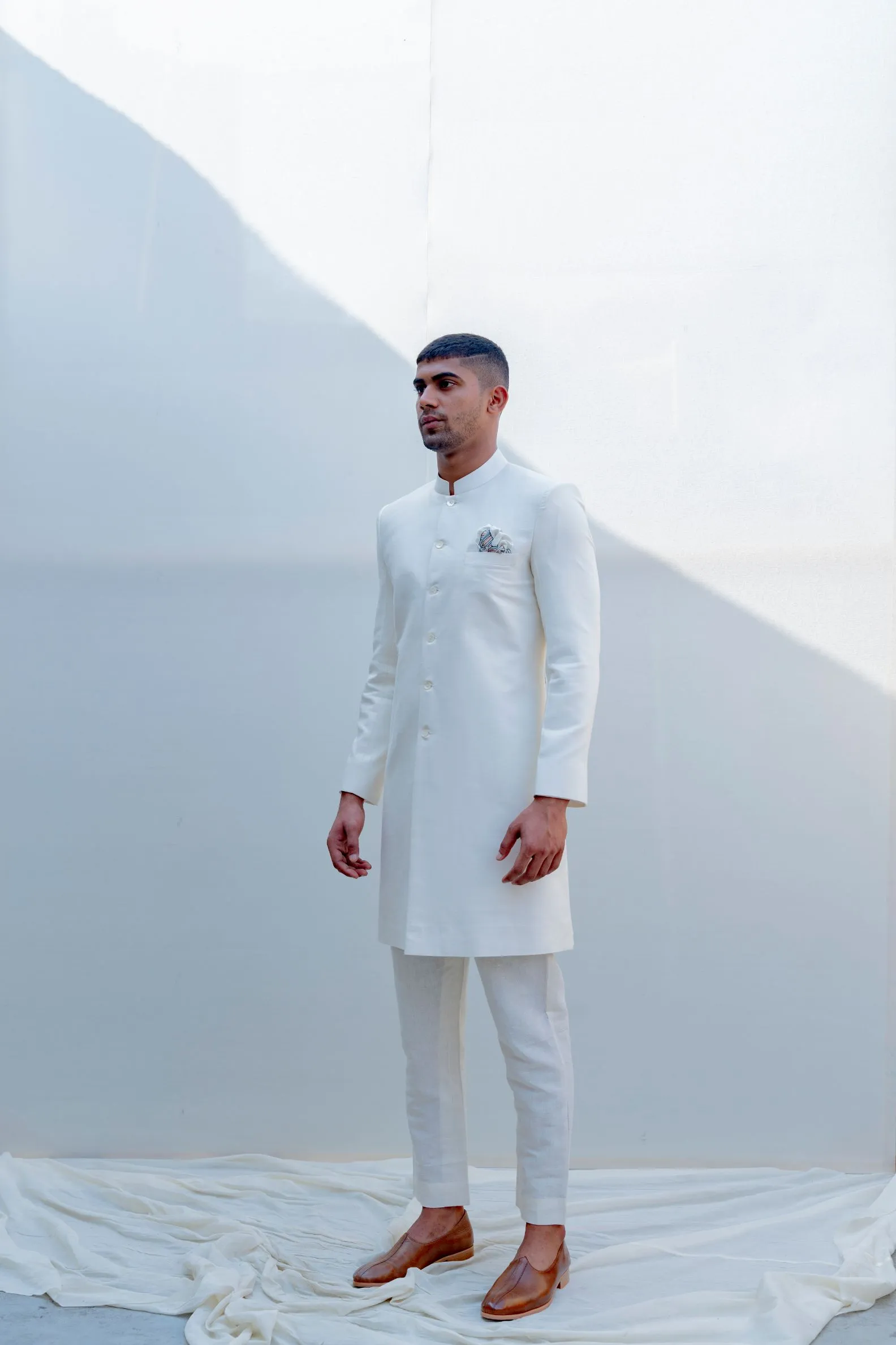 Prime - Off-White Achkan Jacket Set with Embroidered Pocket Square