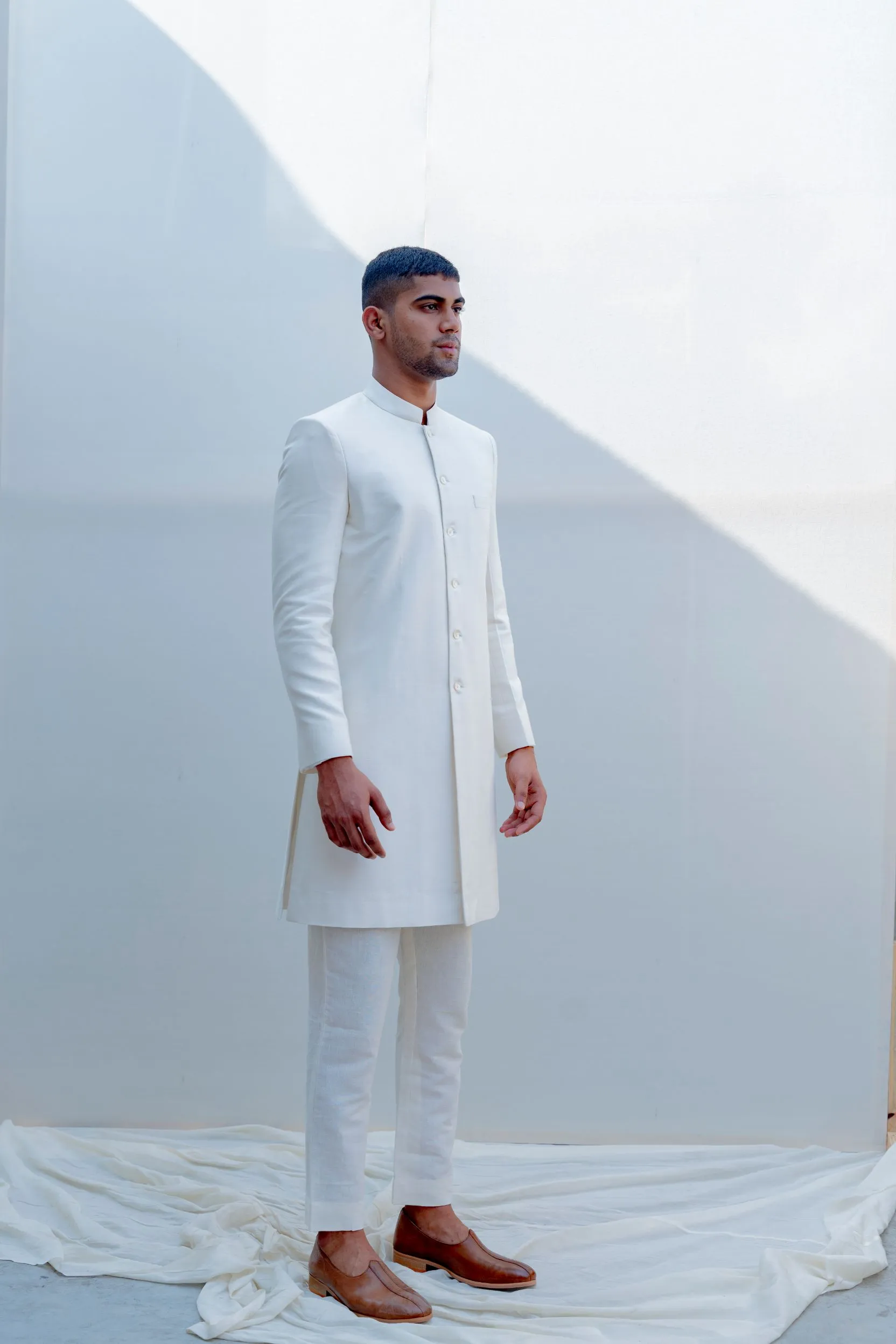 Prime - Off-White Achkan Jacket Set with Embroidered Pocket Square