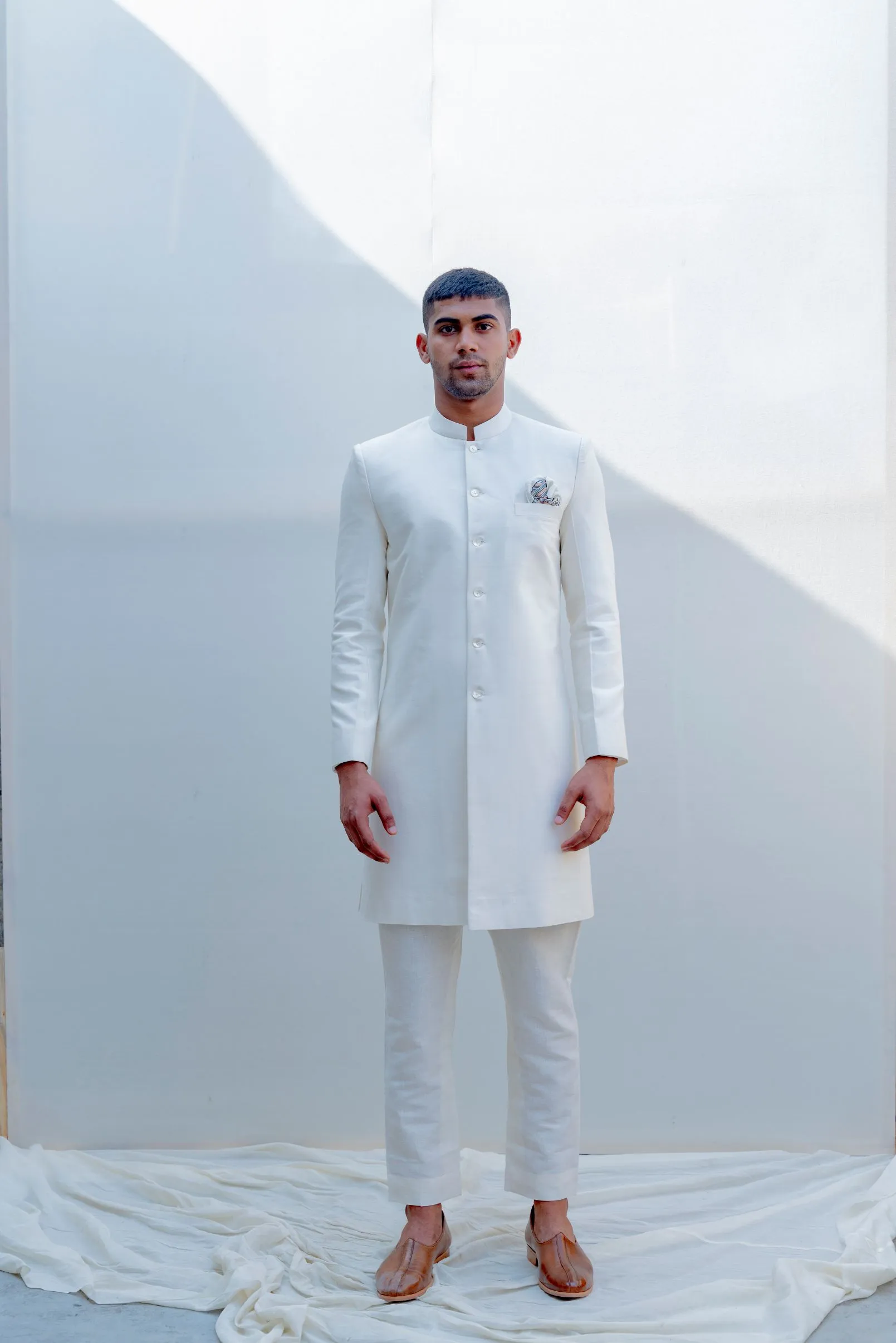 Prime - Off-White Achkan Jacket Set with Embroidered Pocket Square