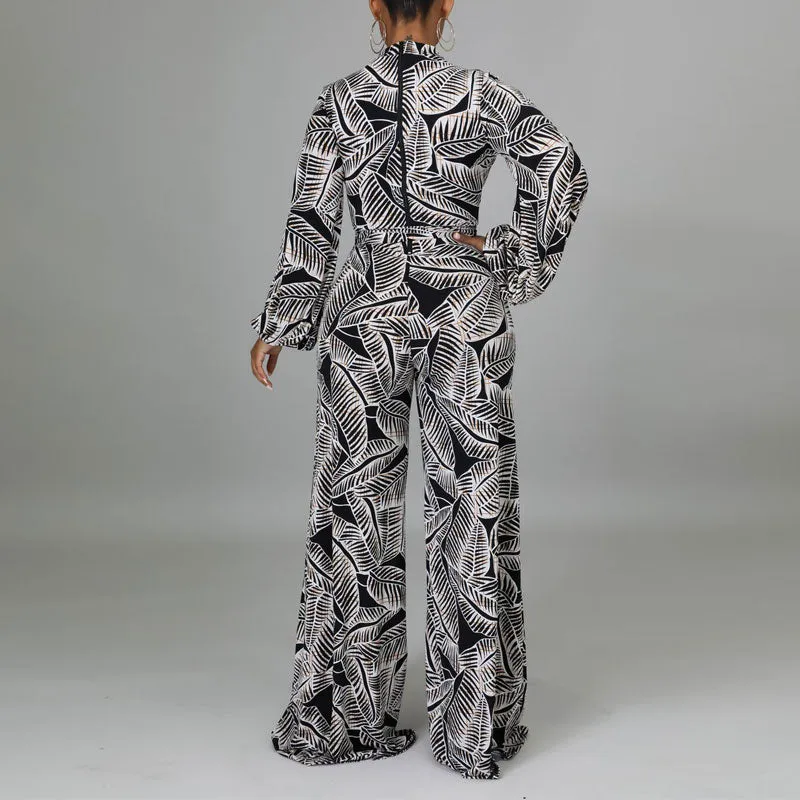 Print Lantern Sleeve Belted Loose Jumpsuit