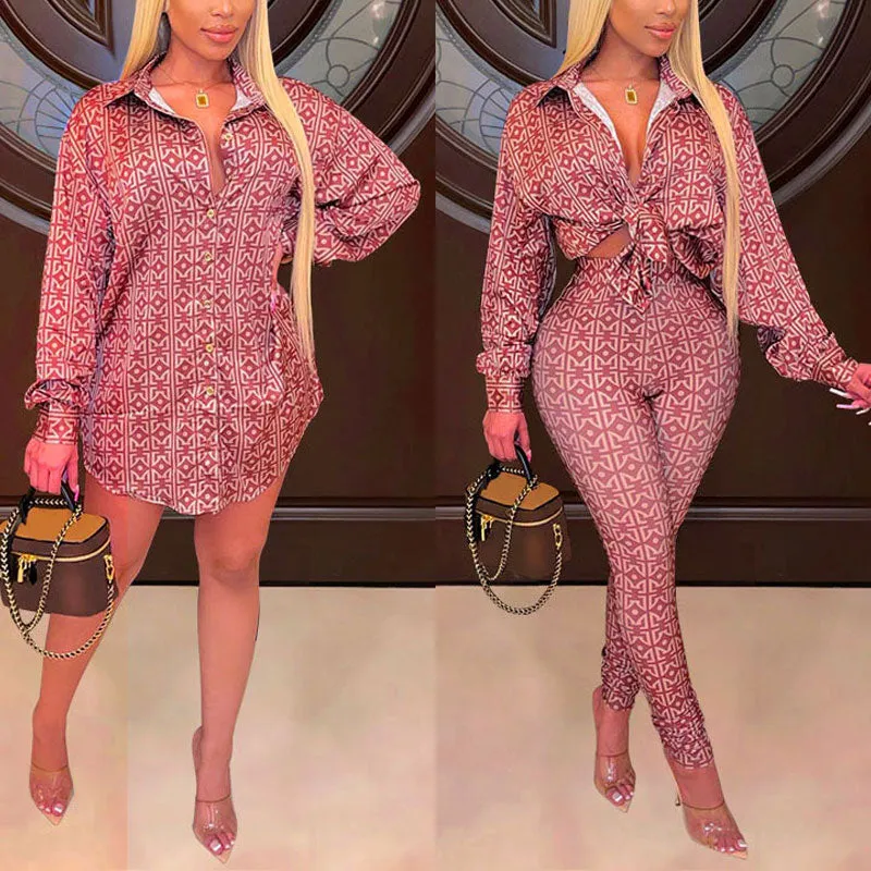Print Long Sleeve Knotted Loose Blouse & Pants Set