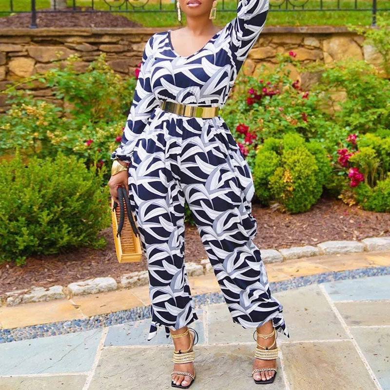 Print V-Neck Long Sleeve Loose Jumpsuit Without Belt