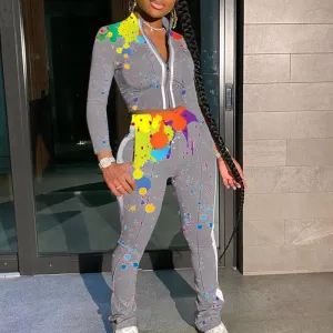 Print Zipper Design Top & Sporty Pants Set