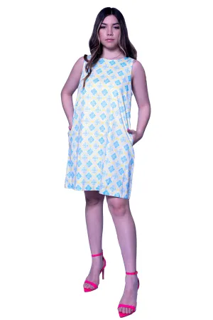 Printed Short Dress with Pockets in Turquoise