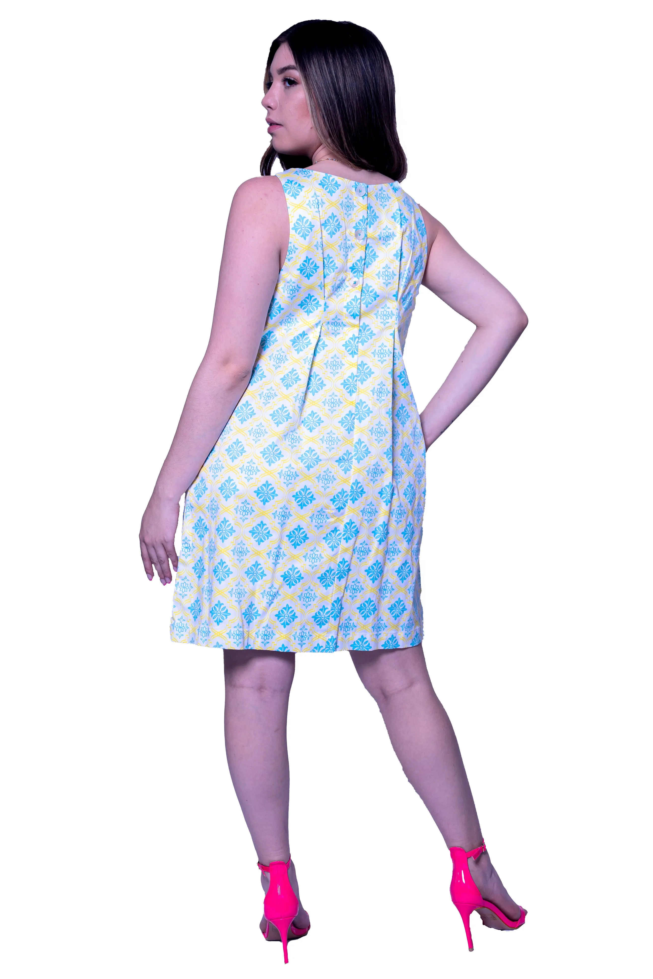 Printed Short Dress with Pockets in Turquoise