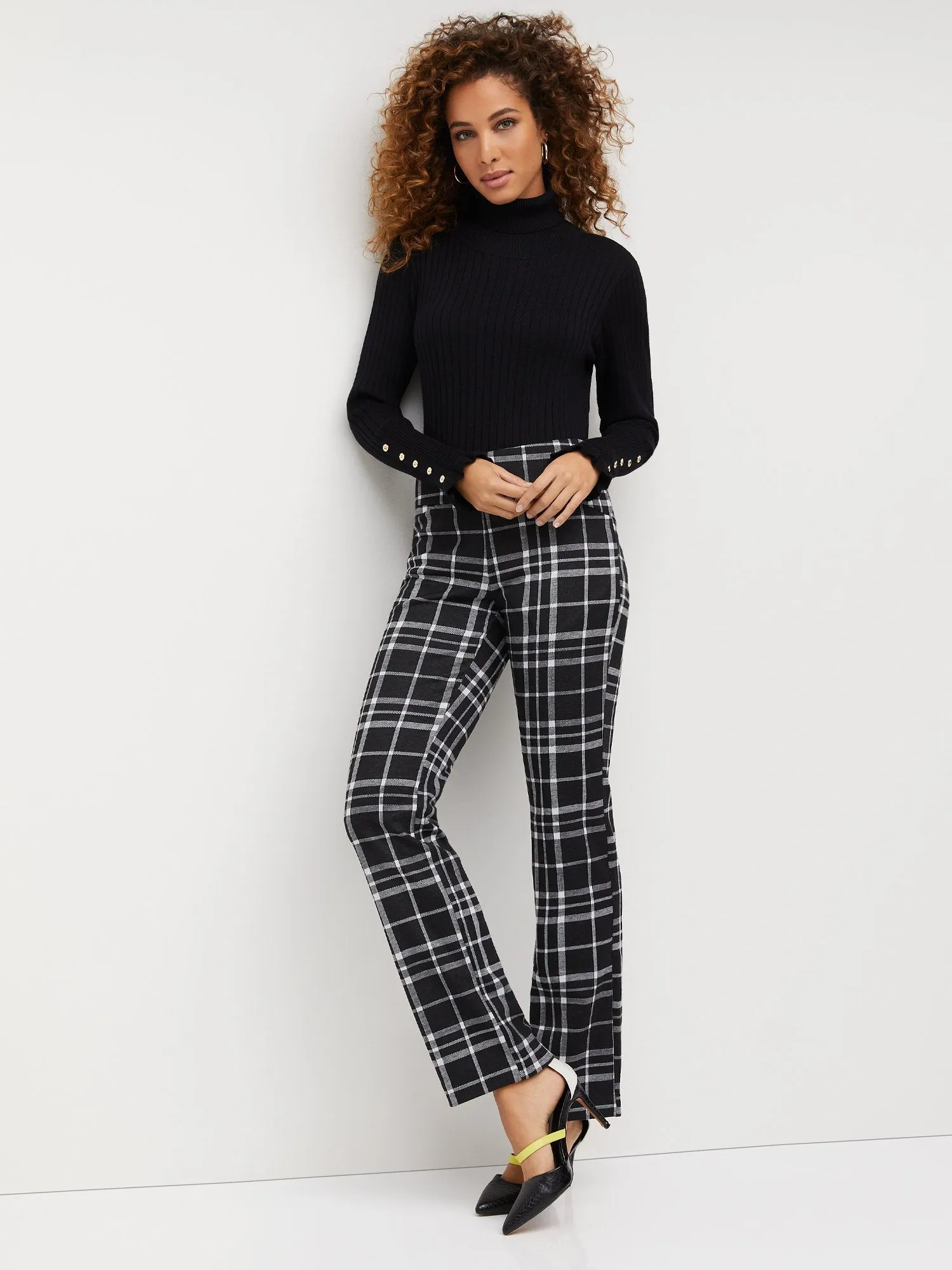 Pull-On Mid-Rise Plaid Straight-Leg Ponte Pant - Superflex