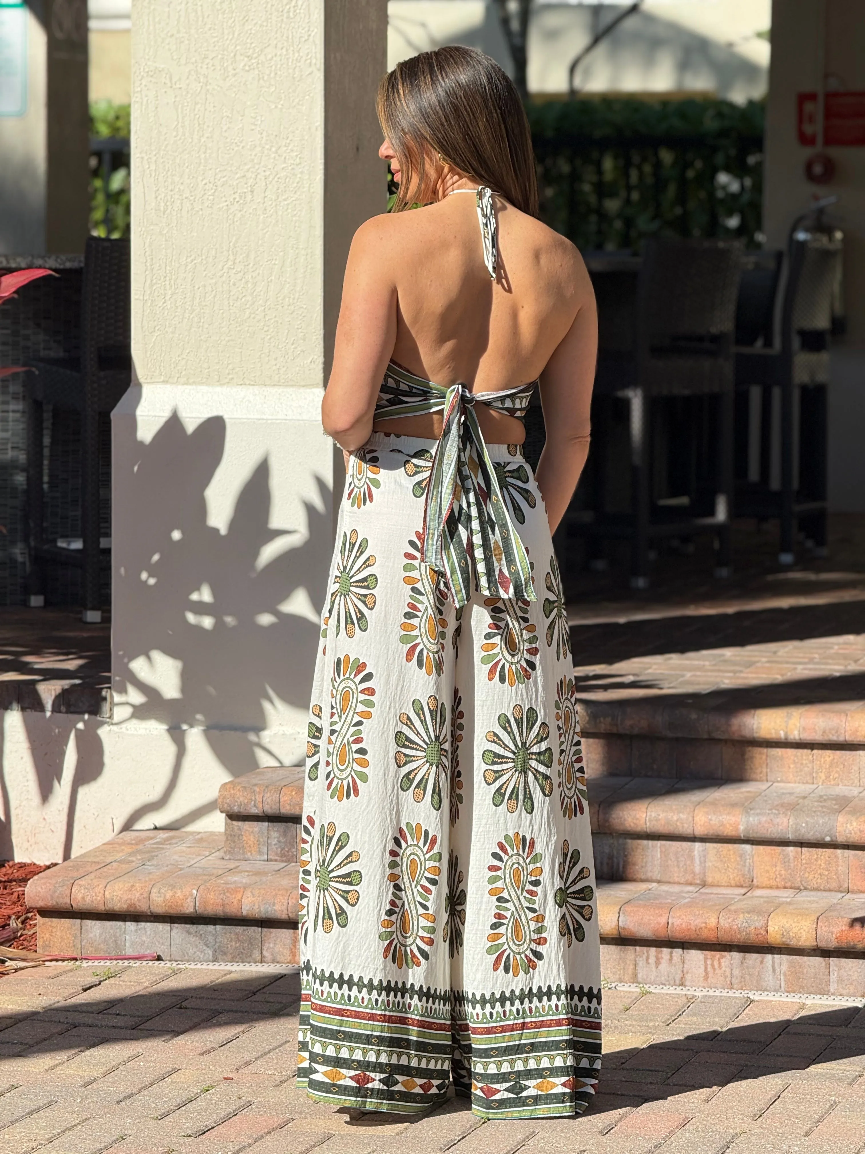 "Jose" Printed Smocking Crop Top And Wide leg Pants Set