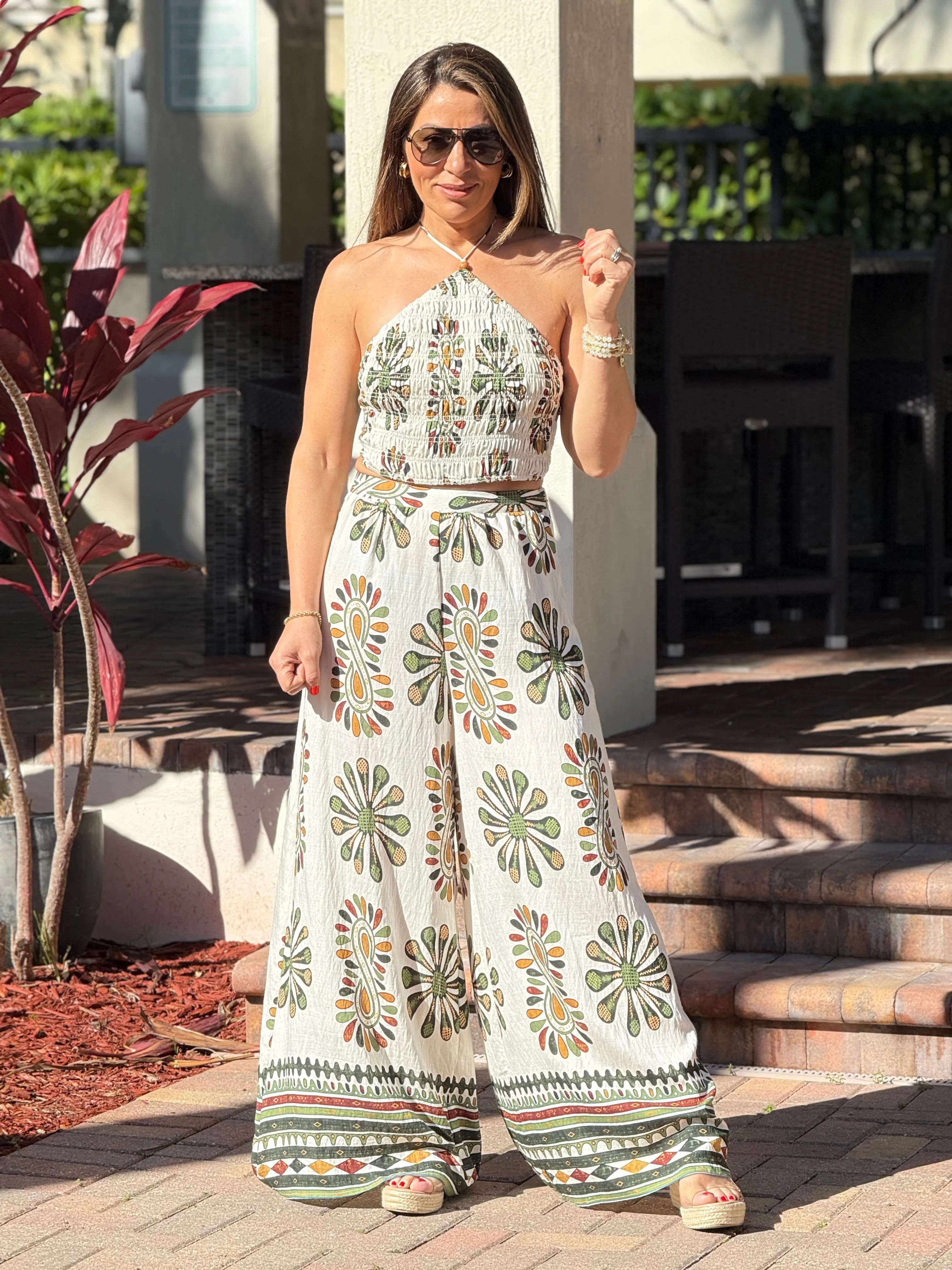 "Jose" Printed Smocking Crop Top And Wide leg Pants Set