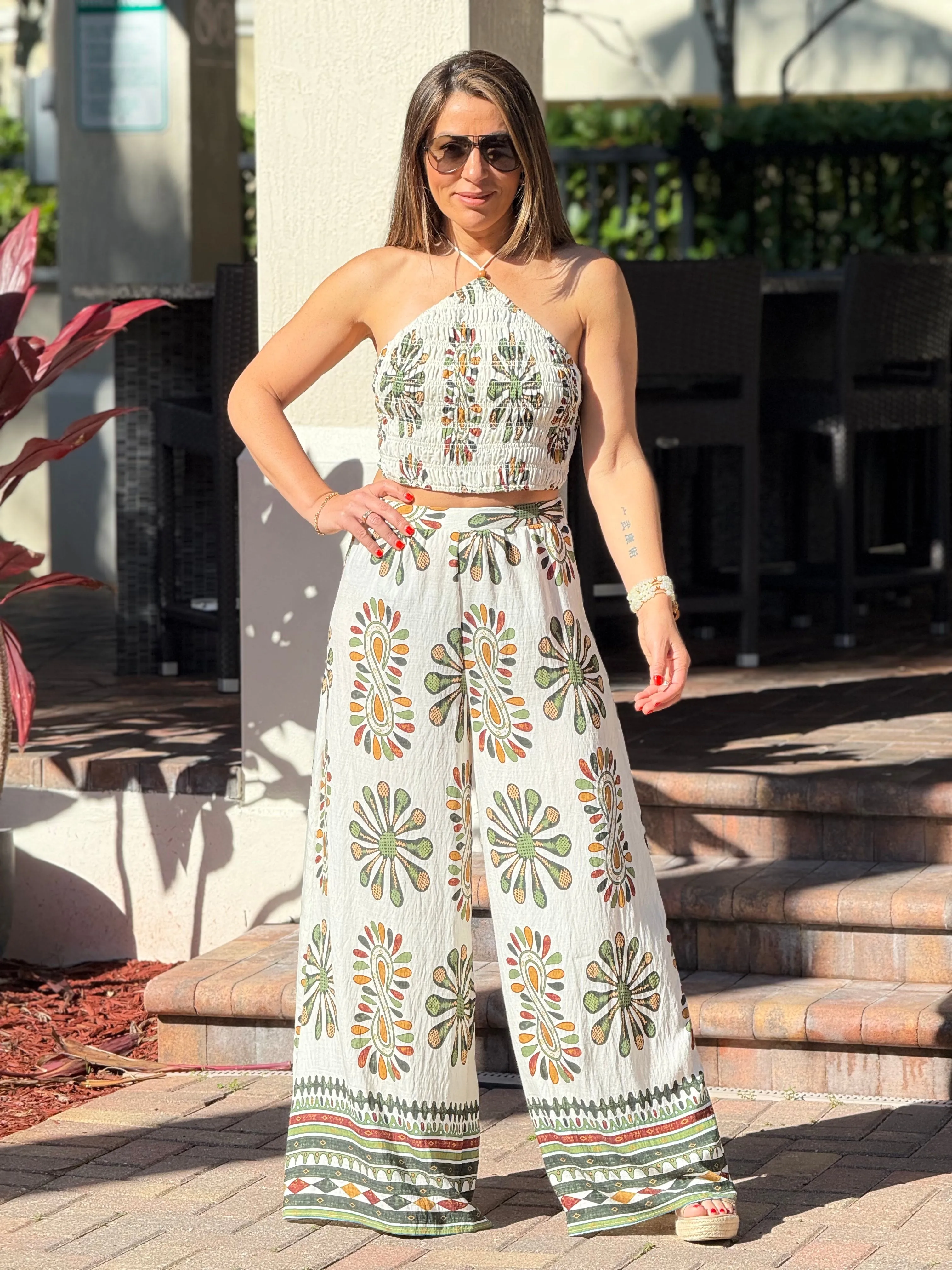 "Jose" Printed Smocking Crop Top And Wide leg Pants Set