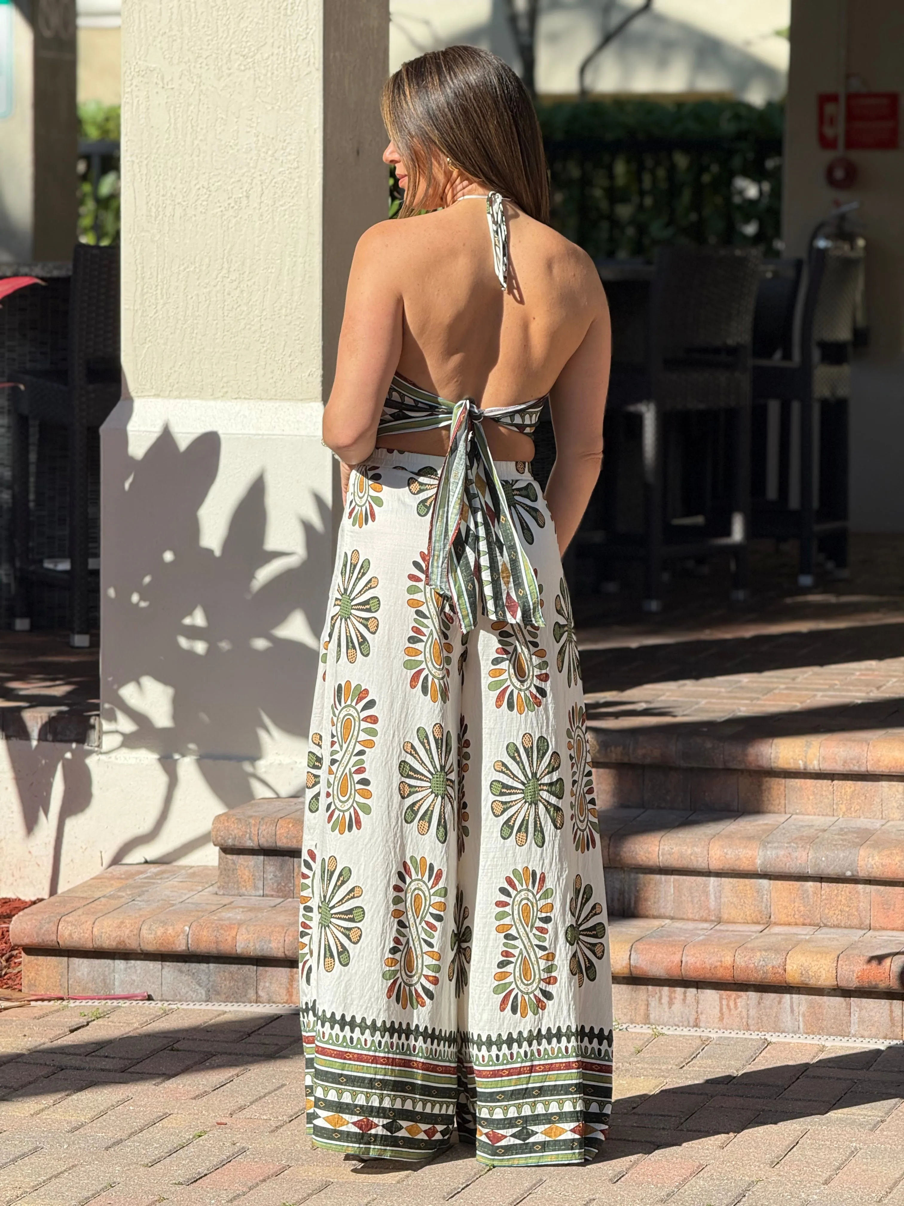 "Jose" Printed Smocking Crop Top And Wide leg Pants Set