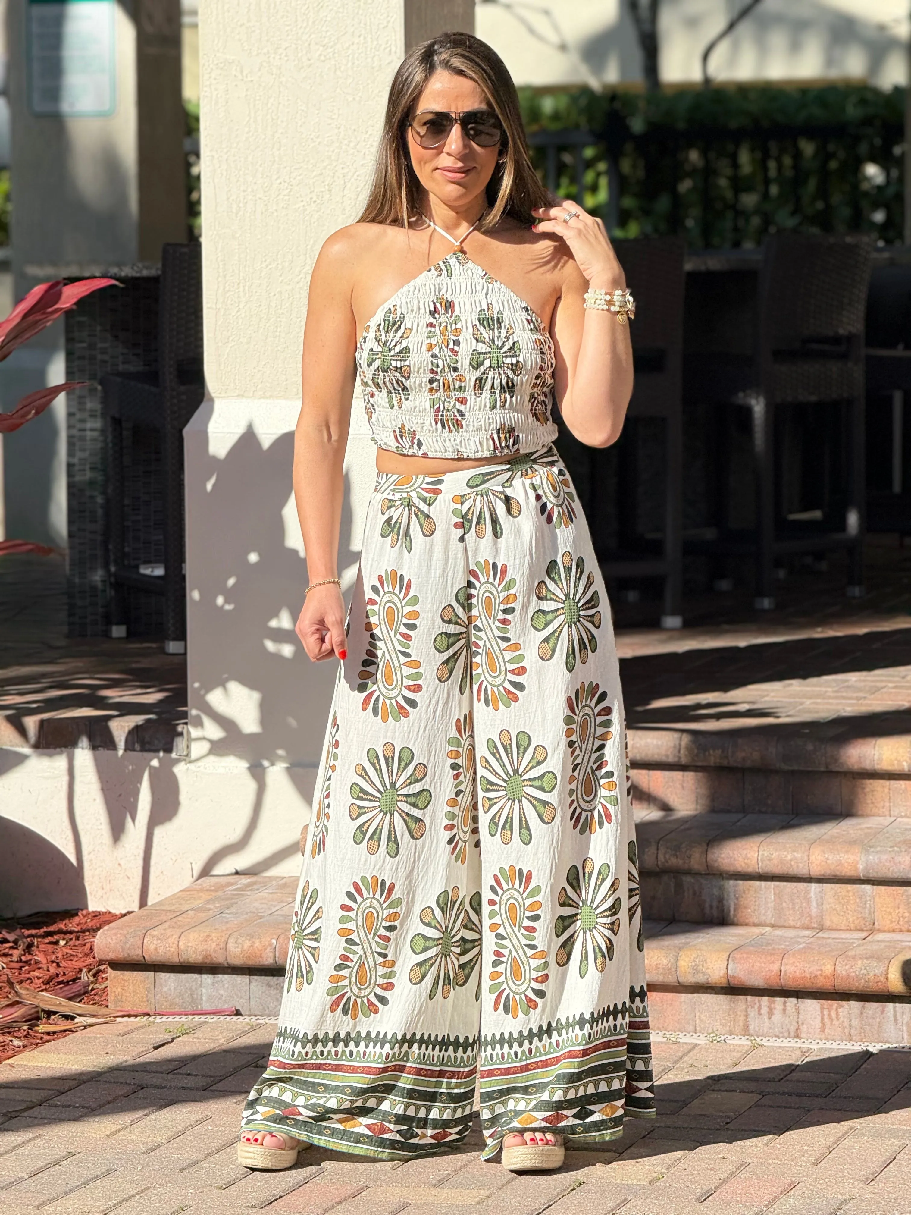 "Jose" Printed Smocking Crop Top And Wide leg Pants Set