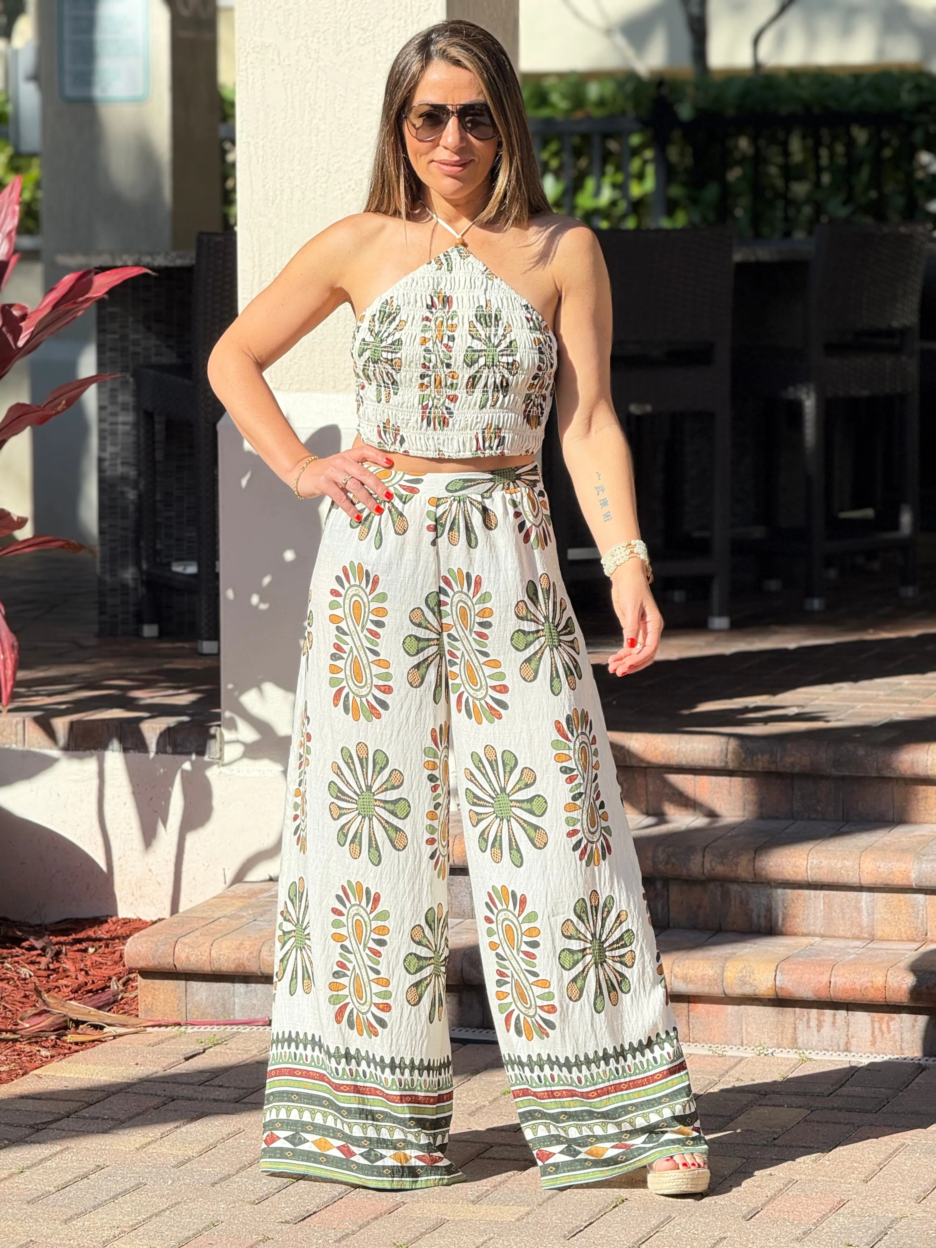 "Jose" Printed Smocking Crop Top And Wide leg Pants Set