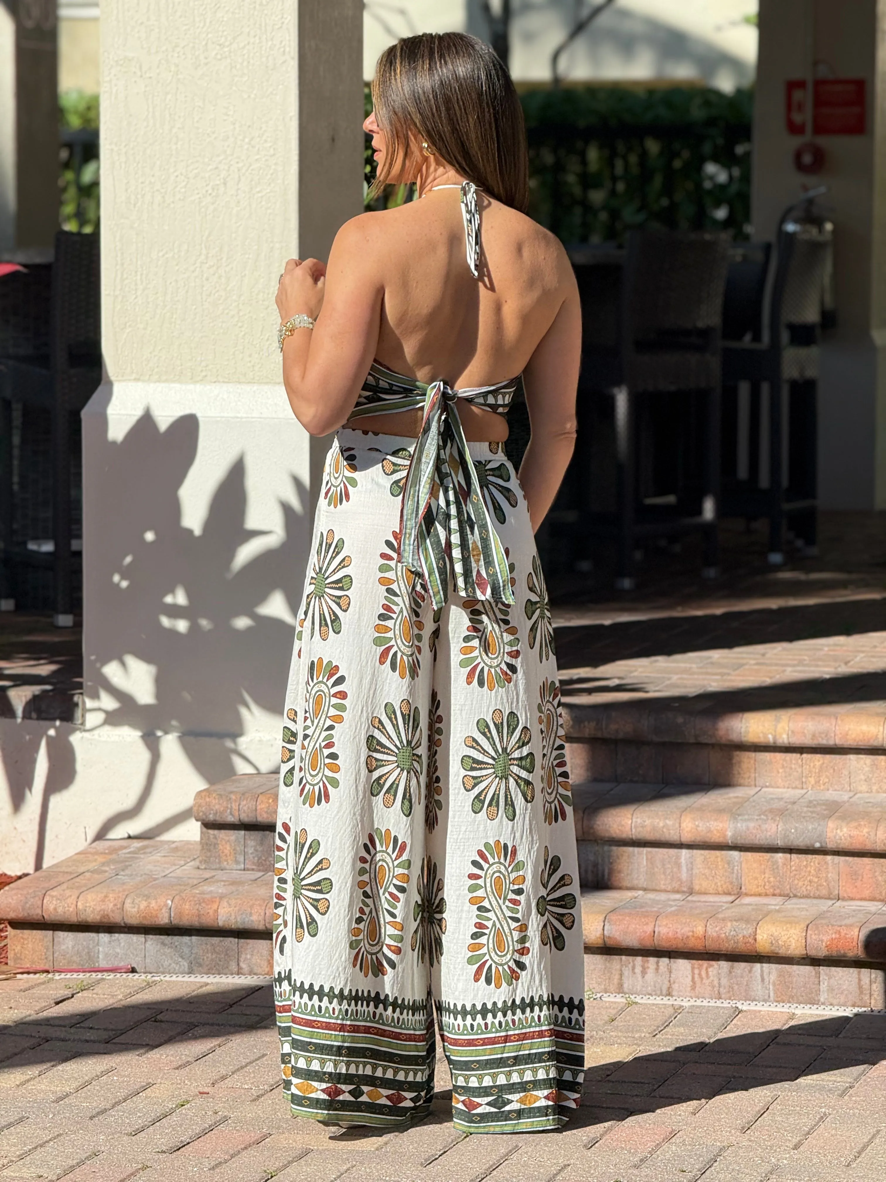 "Jose" Printed Smocking Crop Top And Wide leg Pants Set