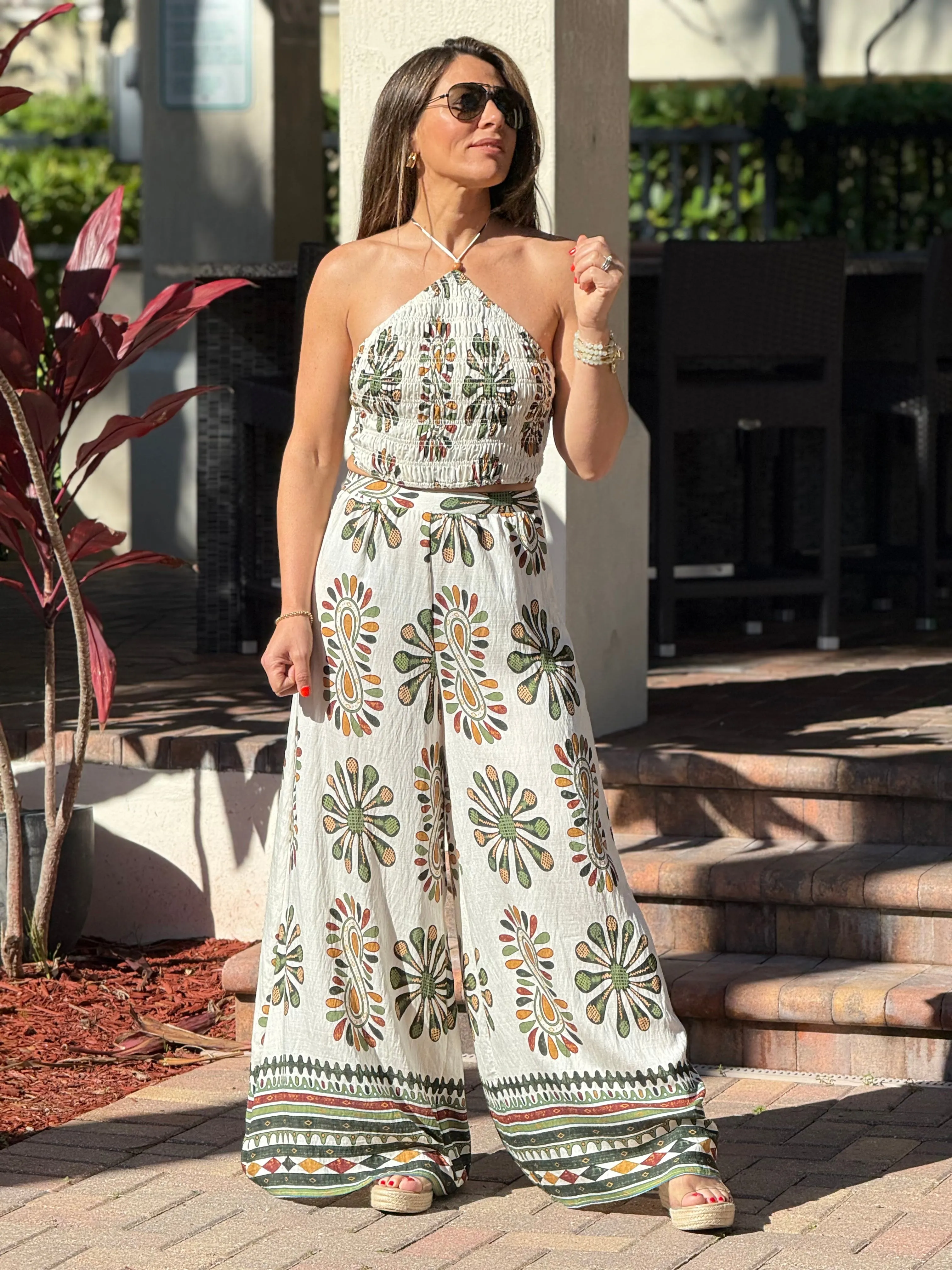 "Jose" Printed Smocking Crop Top And Wide leg Pants Set