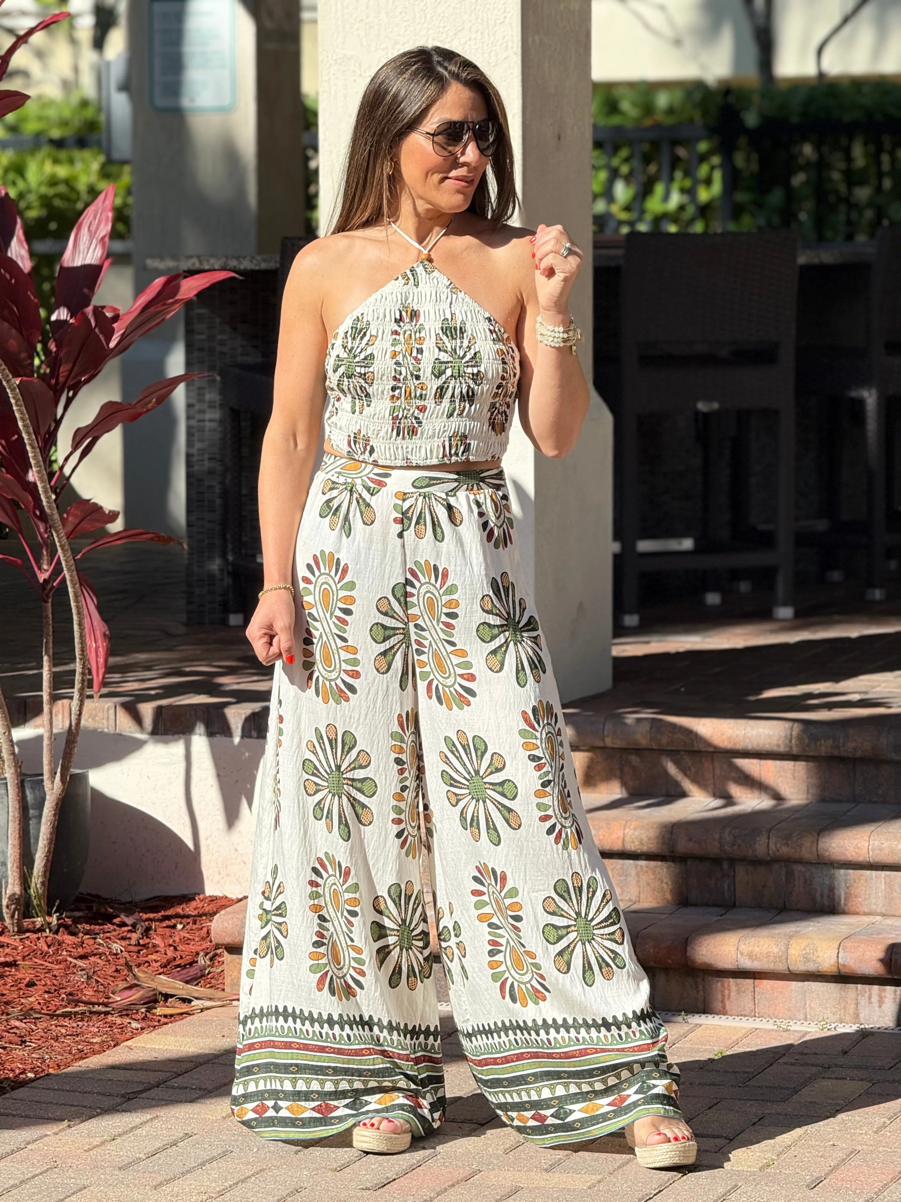 "Jose" Printed Smocking Crop Top And Wide leg Pants Set
