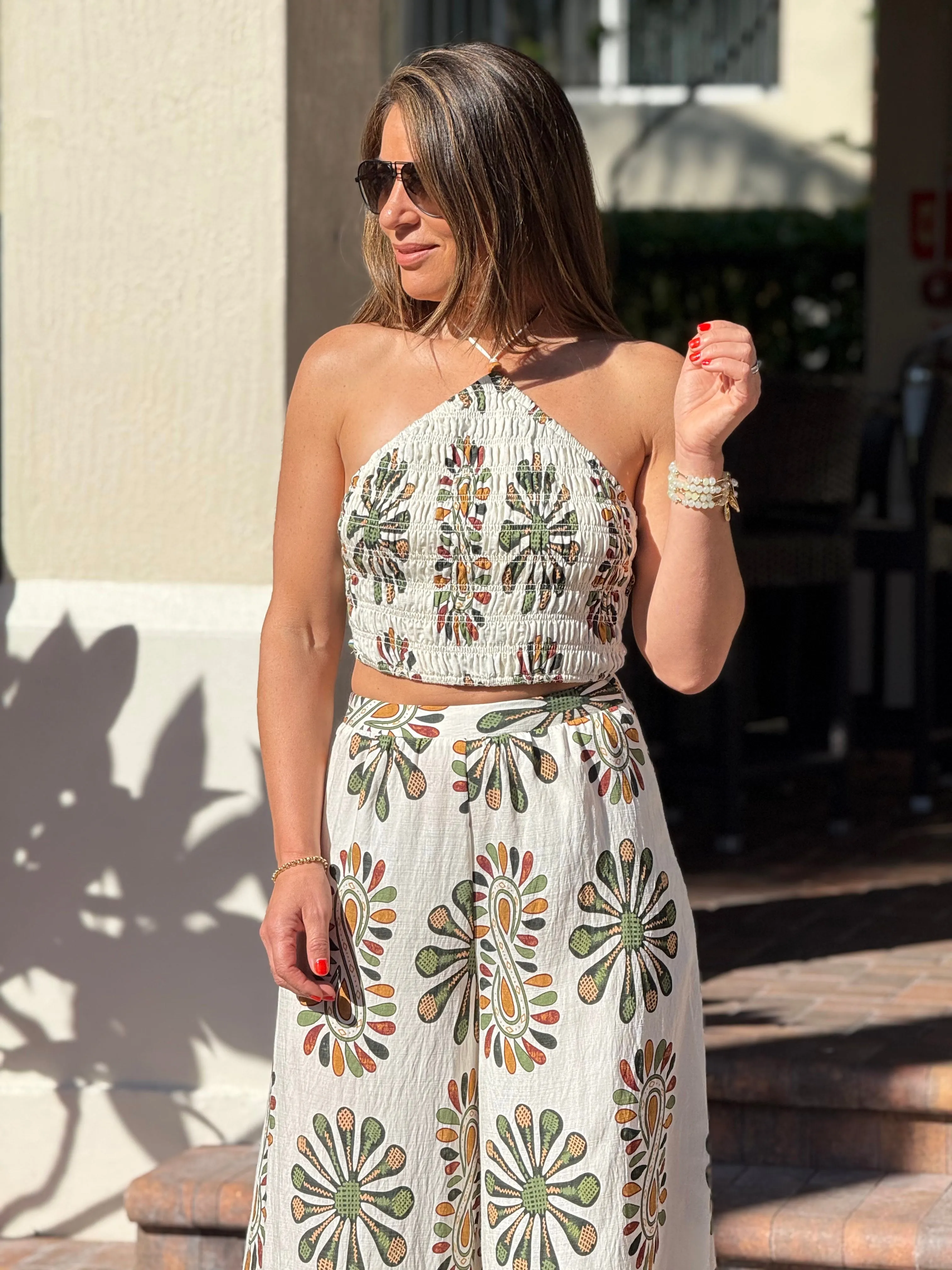 "Jose" Printed Smocking Crop Top And Wide leg Pants Set