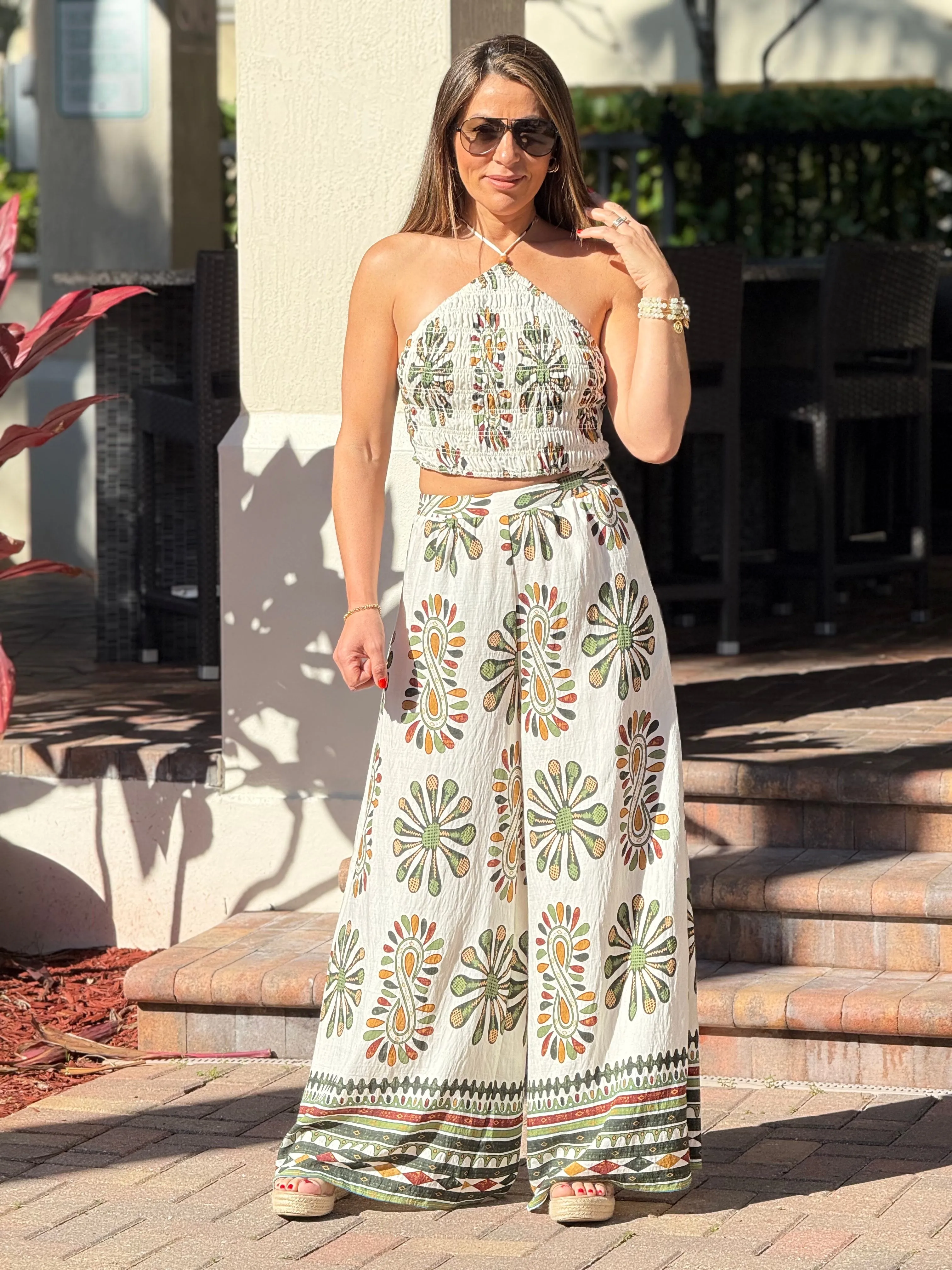 "Jose" Printed Smocking Crop Top And Wide leg Pants Set