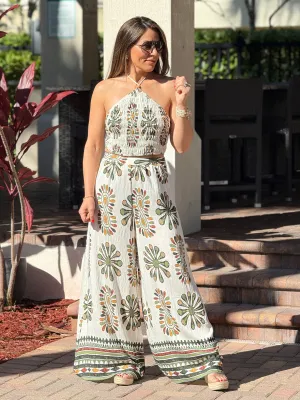 "Jose" Printed Smocking Crop Top And Wide leg Pants Set