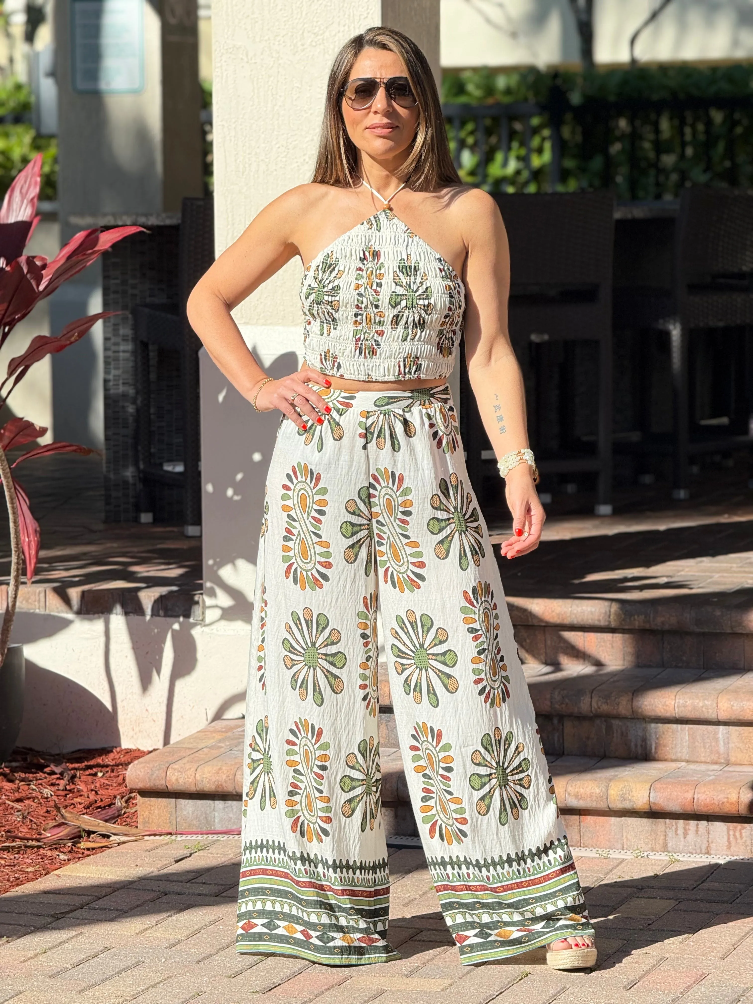 "Jose" Printed Smocking Crop Top And Wide leg Pants Set