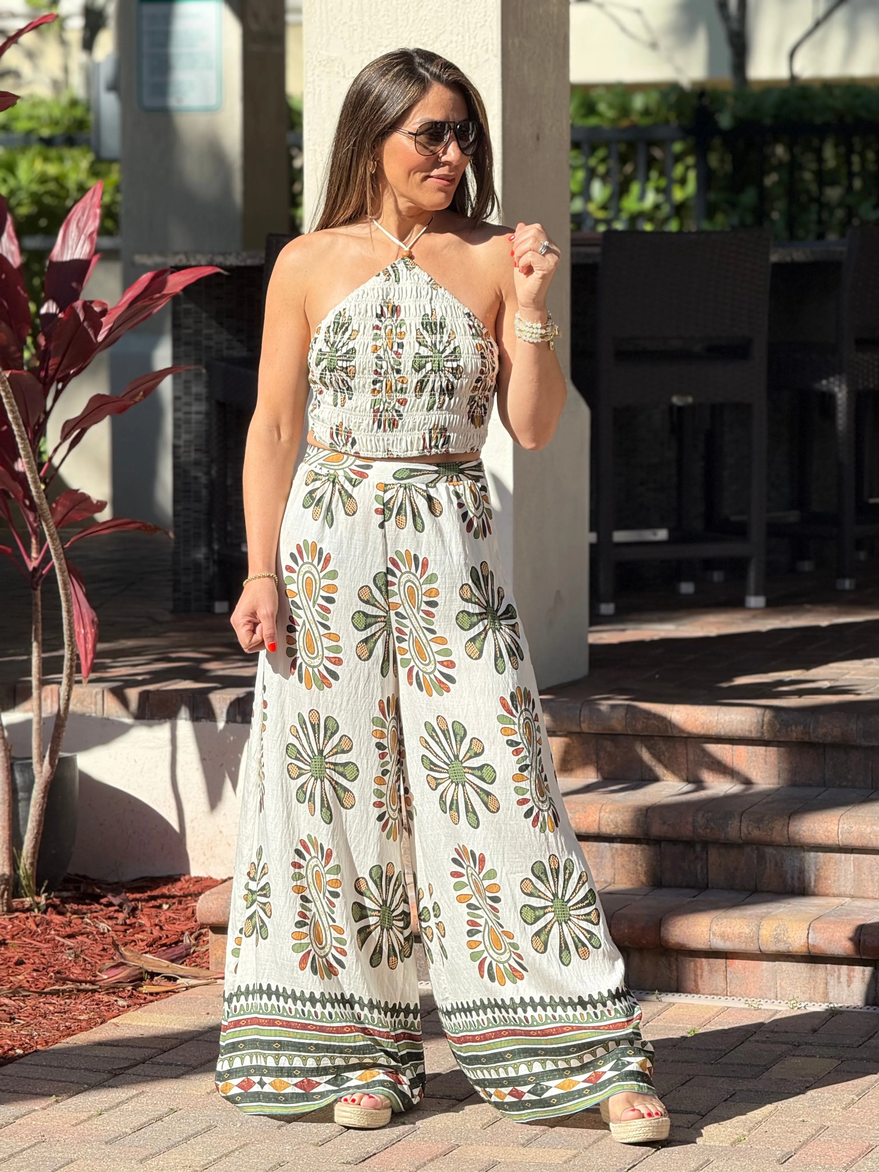 "Jose" Printed Smocking Crop Top And Wide leg Pants Set