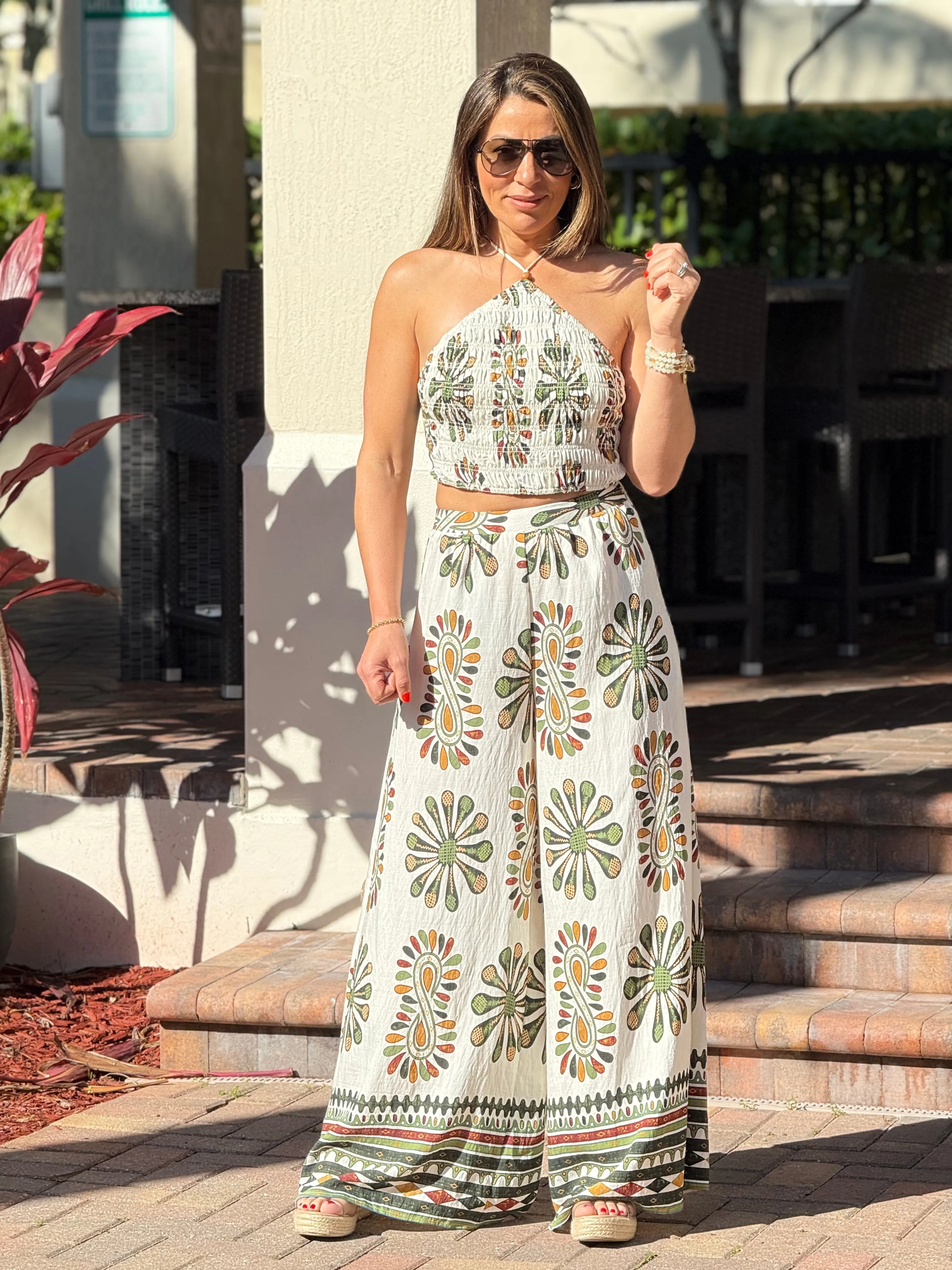 "Jose" Printed Smocking Crop Top And Wide leg Pants Set