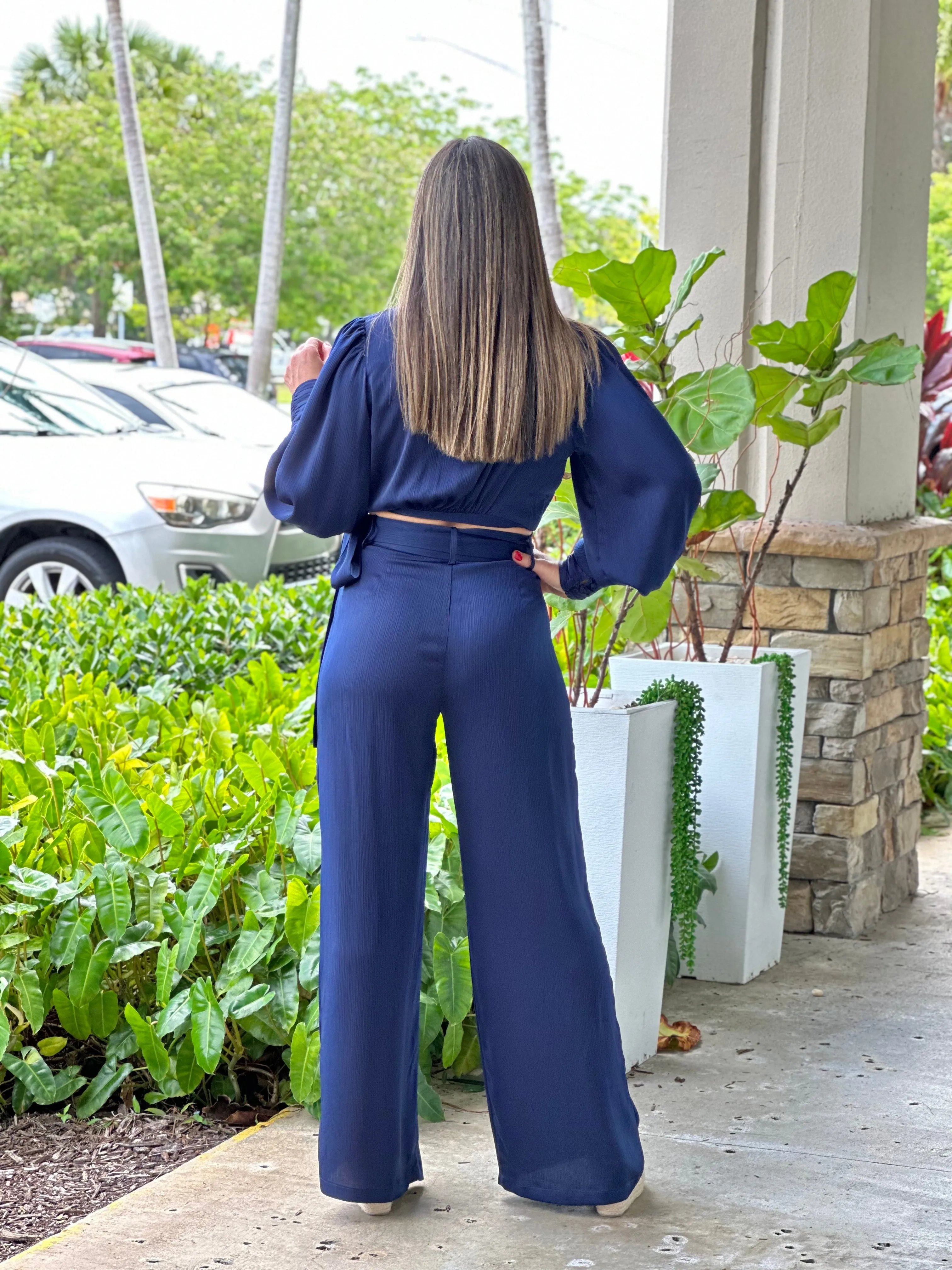 "Lilian" Solid Color Long Sleeve Crop Top And Matching Pants Set
