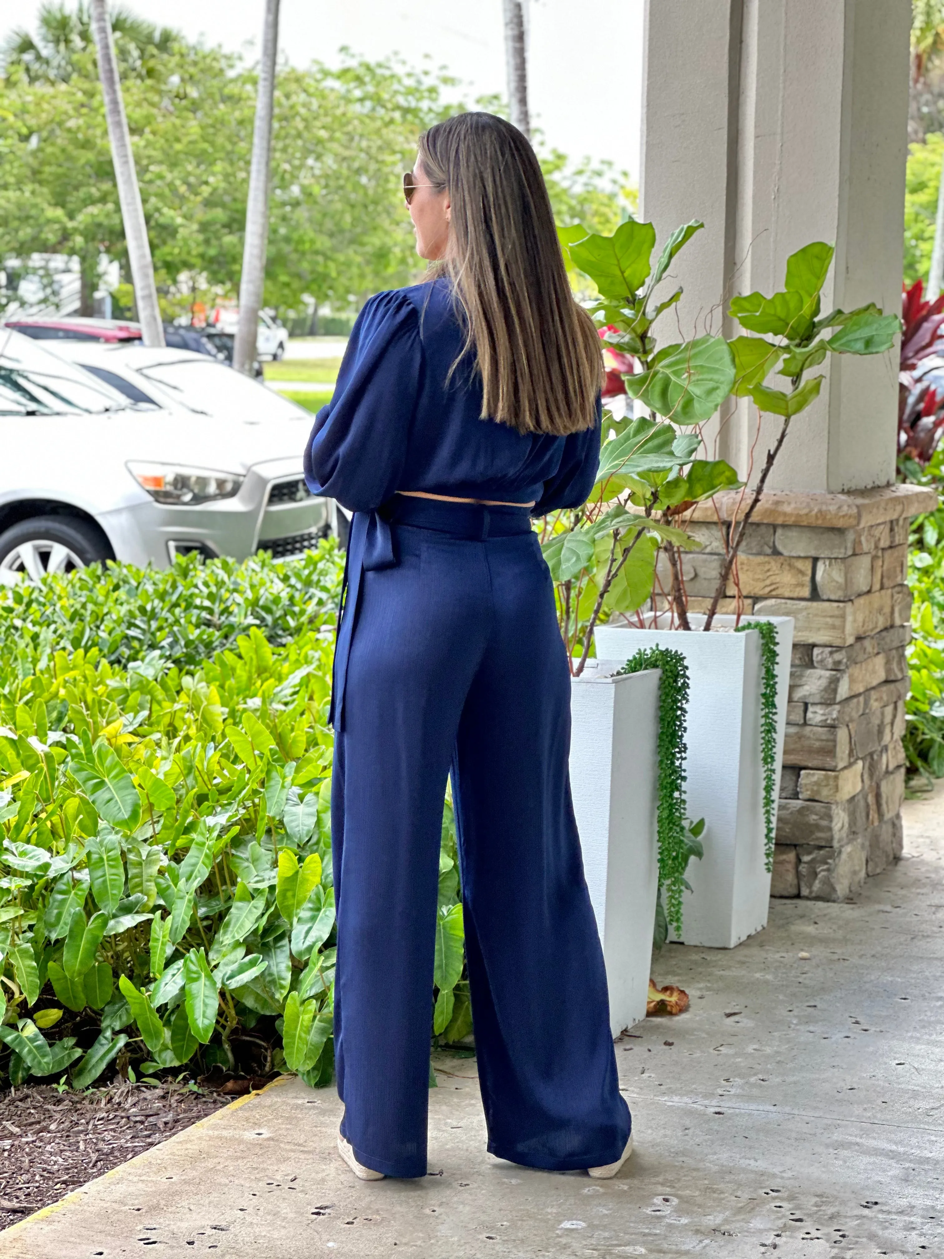 "Lilian" Solid Color Long Sleeve Crop Top And Matching Pants Set