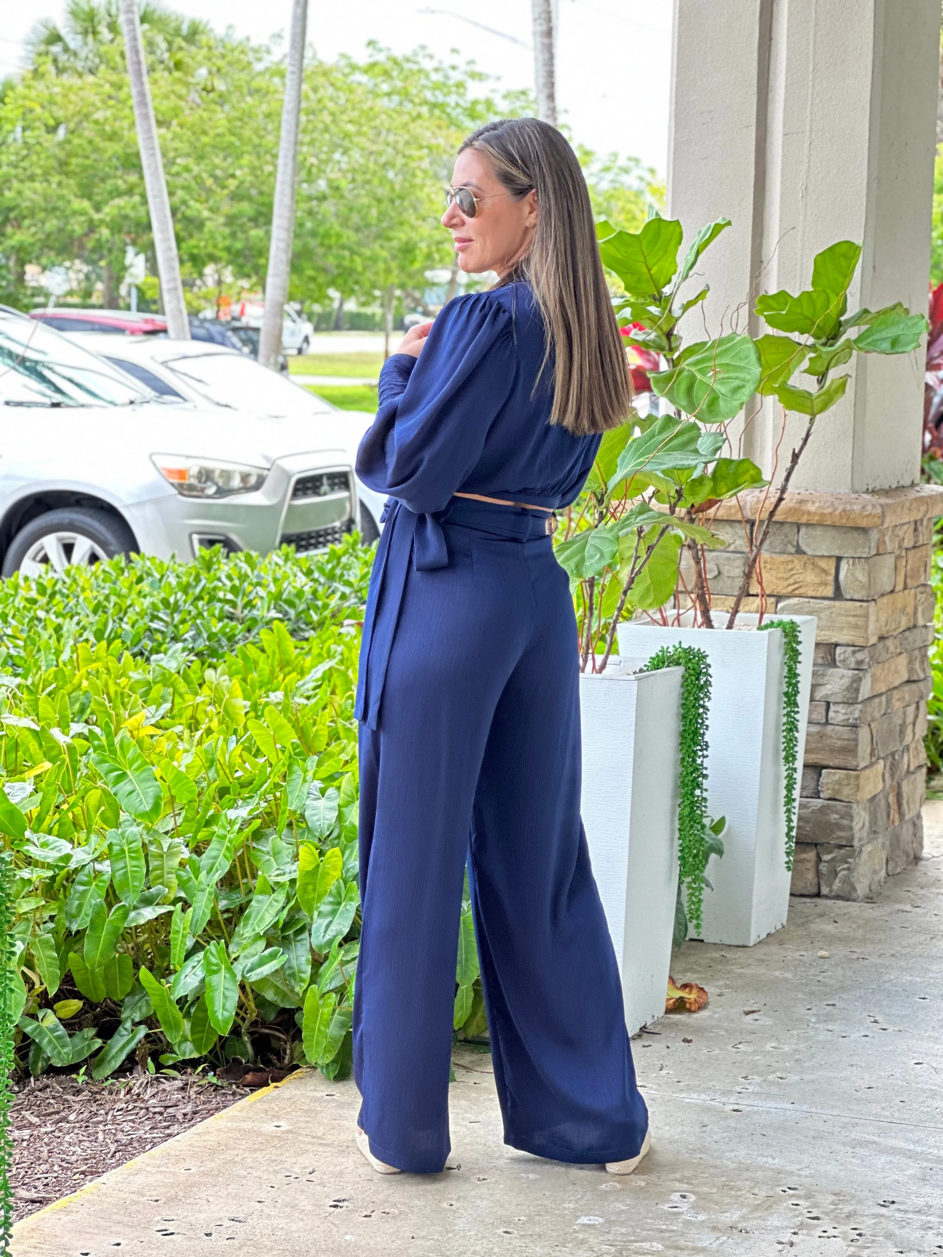 "Lilian" Solid Color Long Sleeve Crop Top And Matching Pants Set
